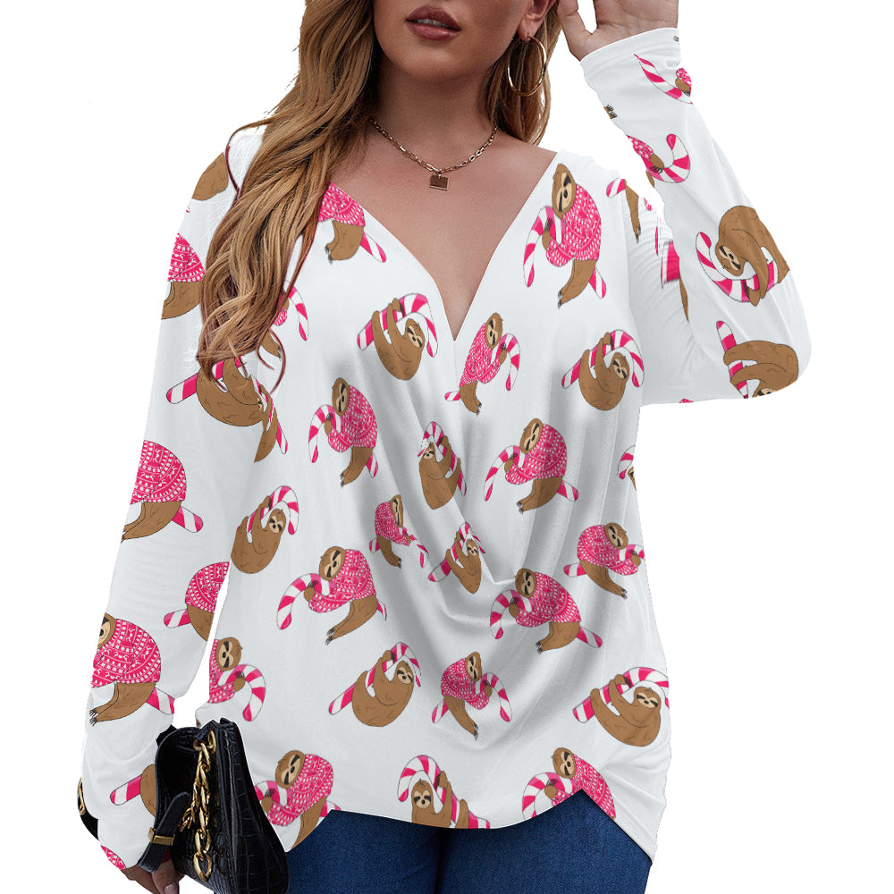 Sloth And Candy Cane V-Neck Long Sleeve Plus Size T-Shirt