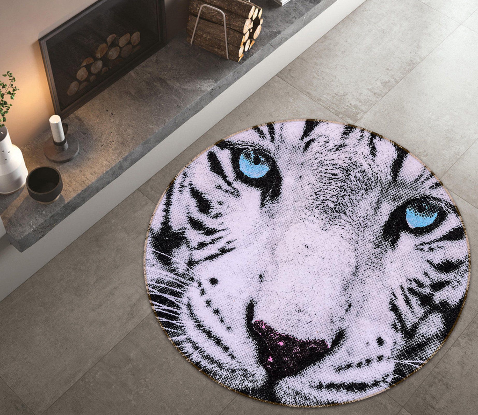 Close-Up White Tiger Blue Eyes Round Rug – Round Carpet Home Decor