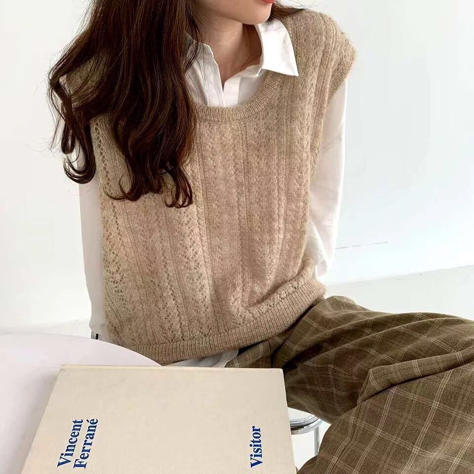 Sweater Vest Women Hollow Out O-Neck Cozy Fashion Loose-fitting Casual Solid All-match Spring Autumn Daily Korean Style Knitting alx