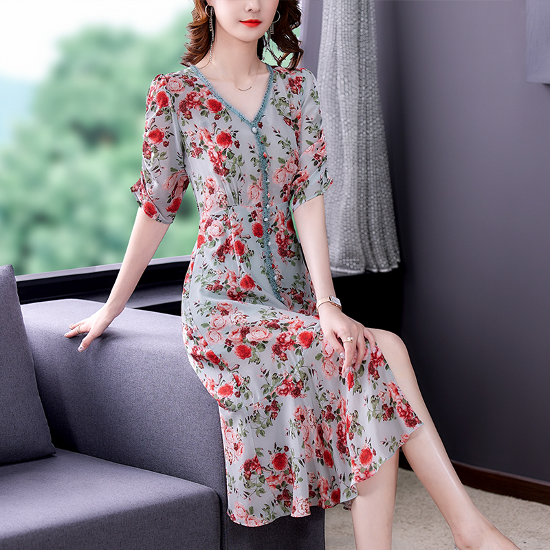 2022 Vintage Casual Print Chiffon Beach Dress Summer Red Floral Natural Silk Midi Dresses Women Elegant Bodycon Party Vestidos alx