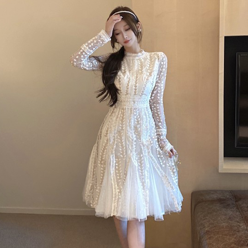 Black Mesh Party Dress Women Floral Embroidery Lace Runway Dress Plus Size Vintage High Waist Knee-Length Elegant Office D233 alx