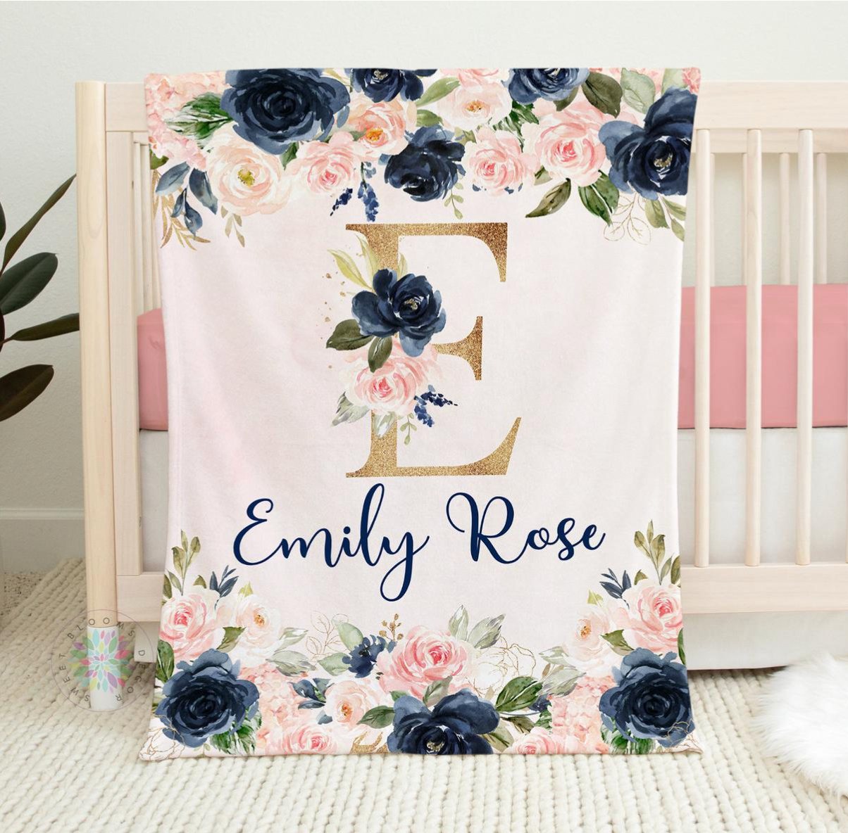 Blush Pink Navy Floral Girl Baby Blanket, Personalized Baby Blanket Gift, Watercolor Flowers Personalized Blanket, Baby Shower Gift