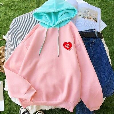 Women Hoodies New Contrast Pastel Color Pink Kpop Twice Group Befree Hip Hop Girl’S Sweatshirts Fleece Winter Thick Outwear Top