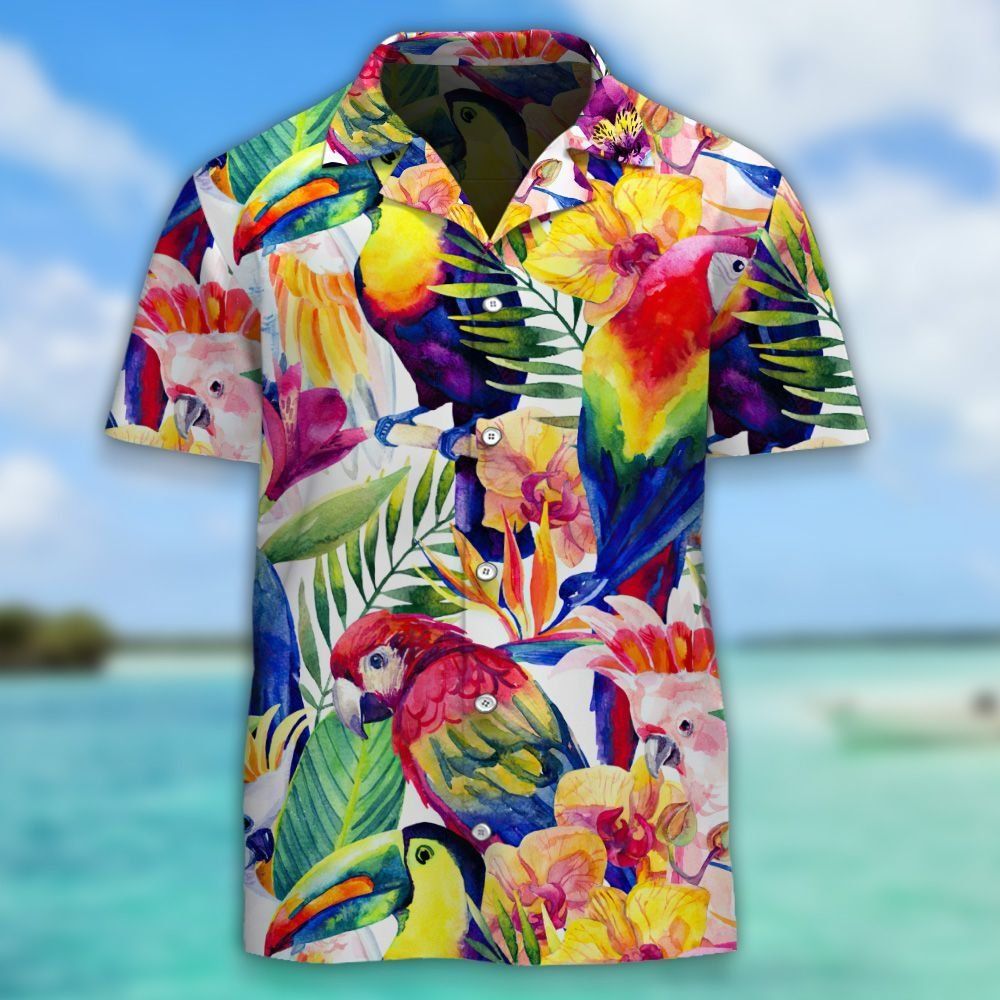 Watercolor Parrots With Tropical Flowers Hawaiian Aloha Shirt Hawaiian Shorts Beach Short Shirt