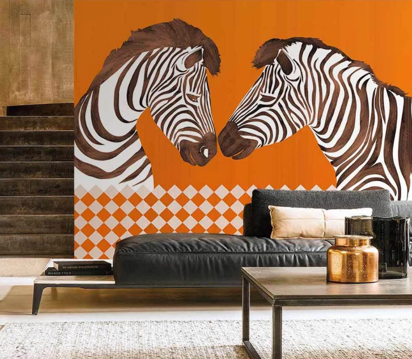 3D Fine Art Zebra Animal Orange Background Wall Mural Wallpaper Lxl