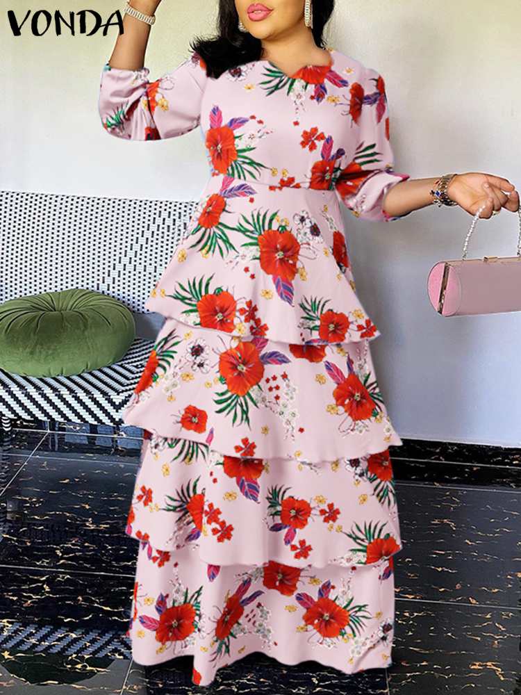 Women Full Sleeve Floral Printed Kaftan Dress 2022 VONDA Sexy Ruffled Hem Loose Maxi Dresses Casual Vestidos Feminina Robe Femme alx