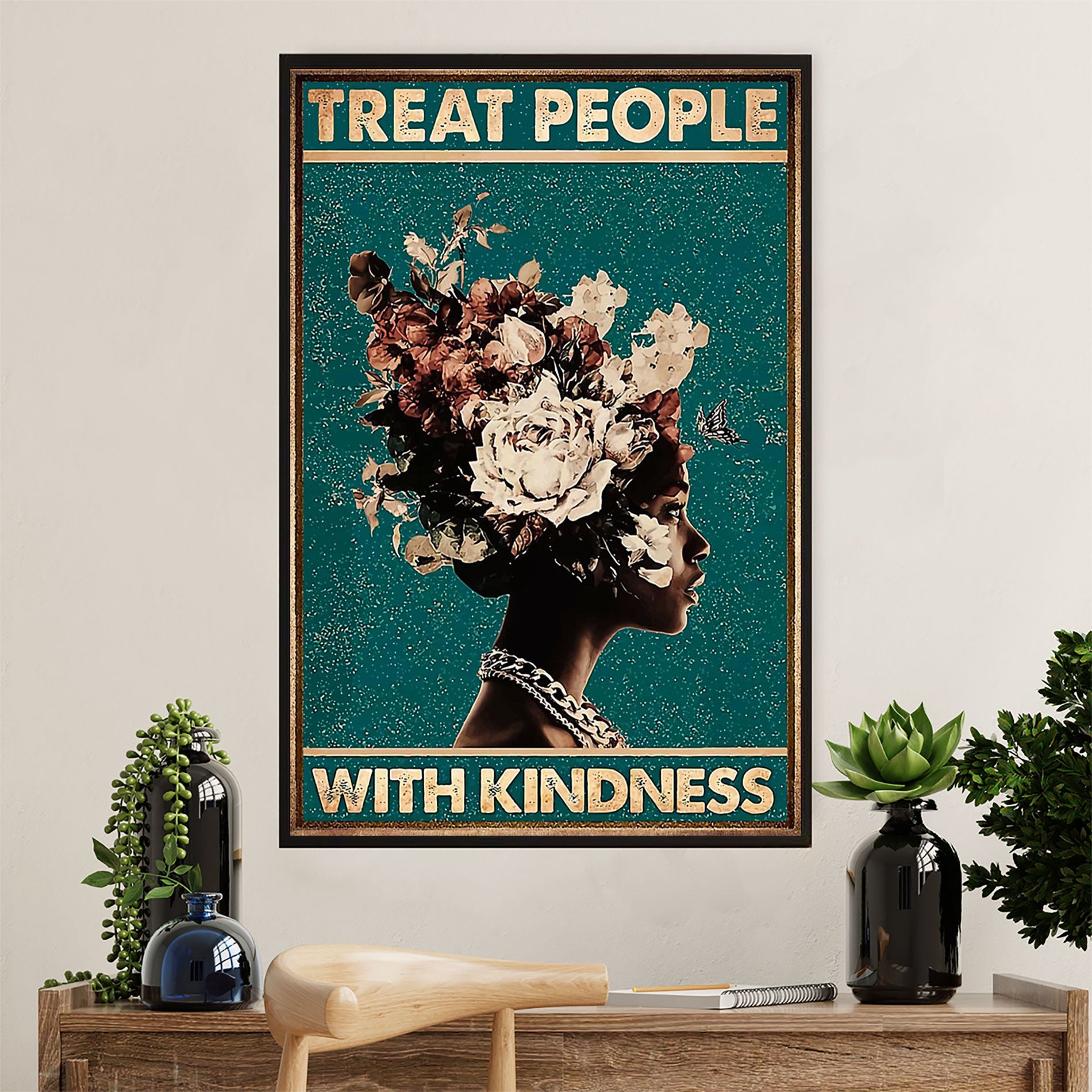 African American Afro Poster Prints | Treat People With Kindness | Wall Art Gift For Black Girl