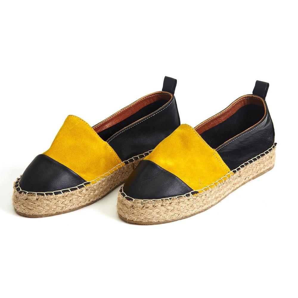 Yellow And Black Leather Espadrille Shoes San507