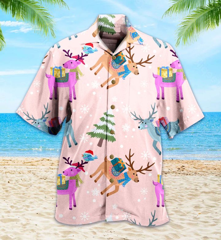 Cute Reindeer Wear Christmas Hat Gift Colorful Hawaii Shirt Ha87708