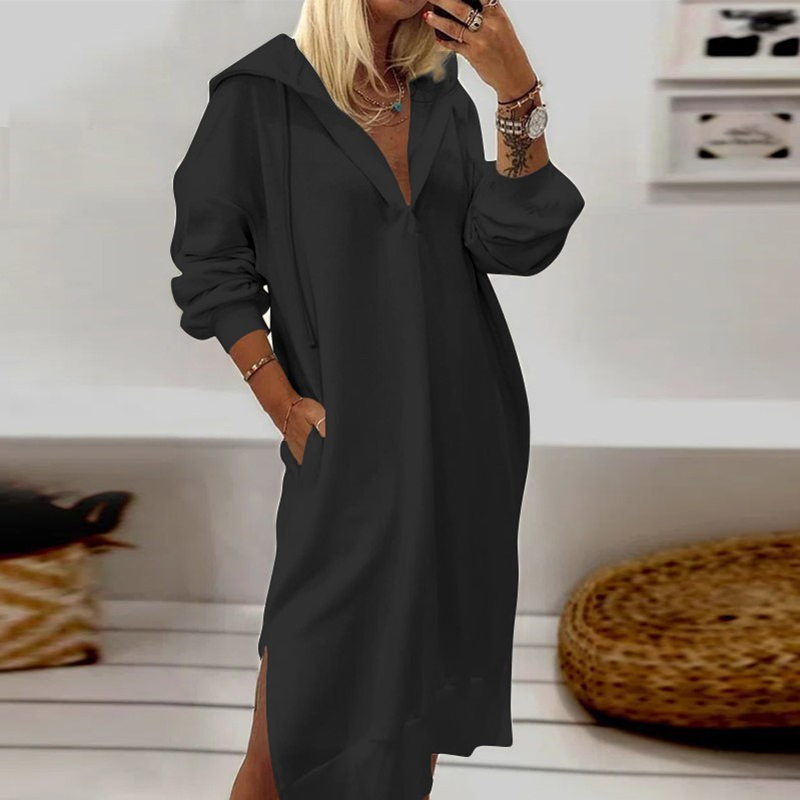 Spring Solid Long Sleeve Office Dress Chic Pocket Midi Length Women Casual Dresses Casual Loose Side Split Hooded Pullover Dress alx