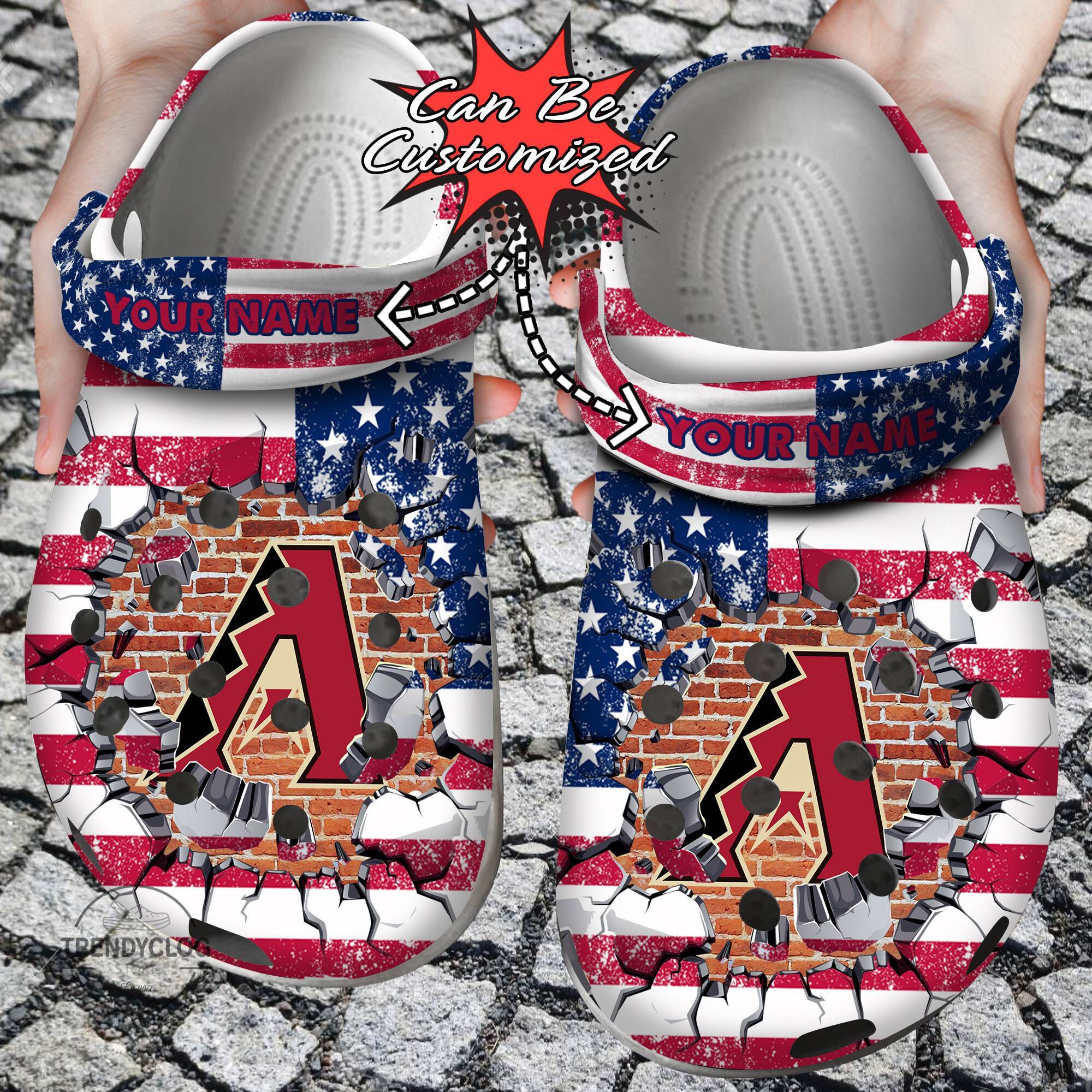 Baseball Crocss Personalized ADiamondbacks American Flag Breaking Wall Clog Shoes