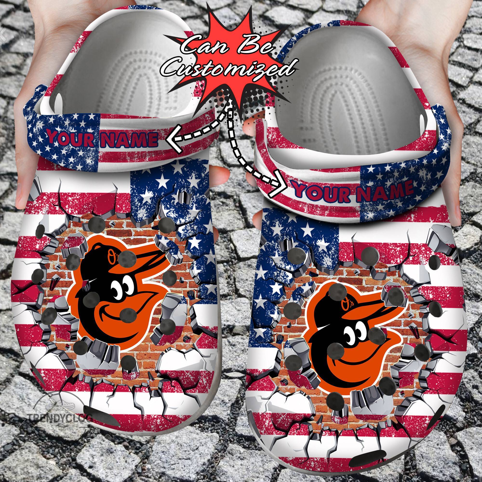 Baseball Crocss Personalized BOrioles American Flag Breaking Wall Clog Shoes