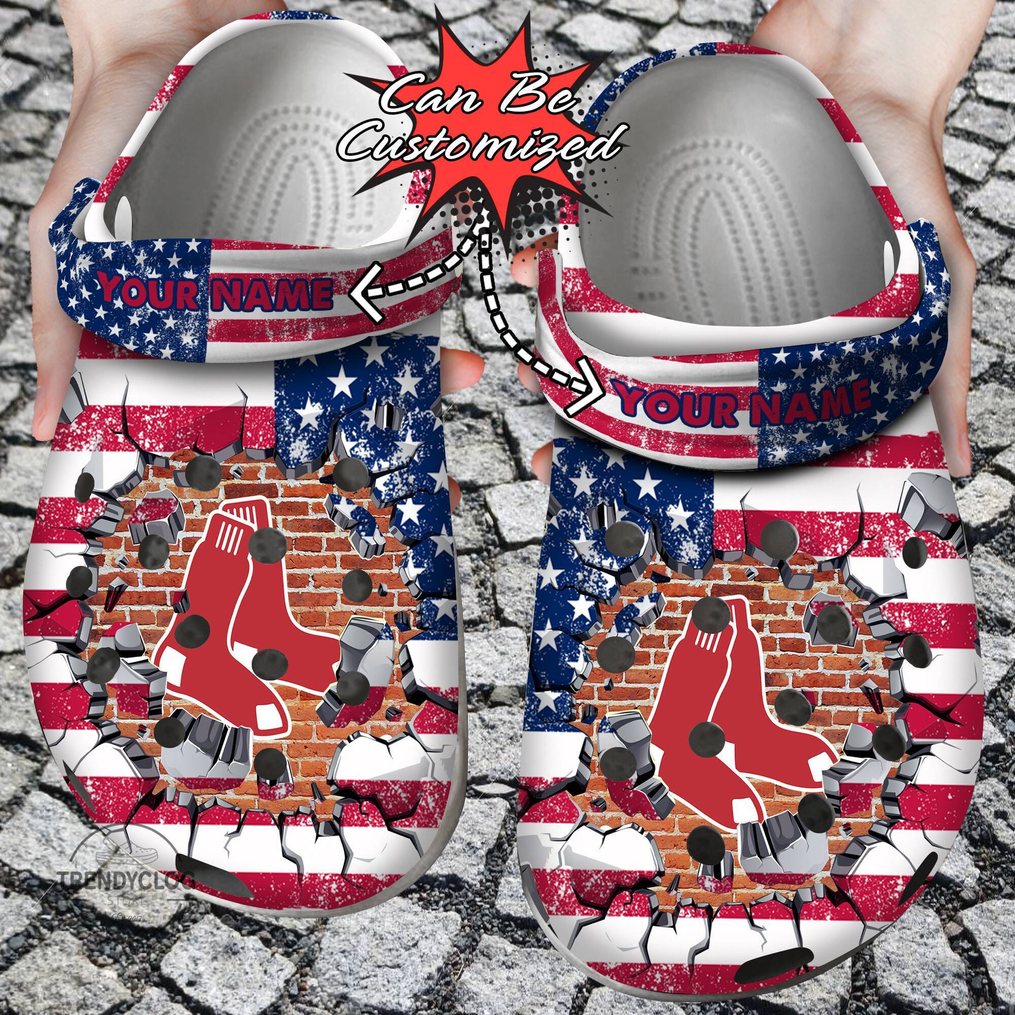 Baseball Crocss Personalized BRed Sox American Flag Breaking Wall Clog Shoes