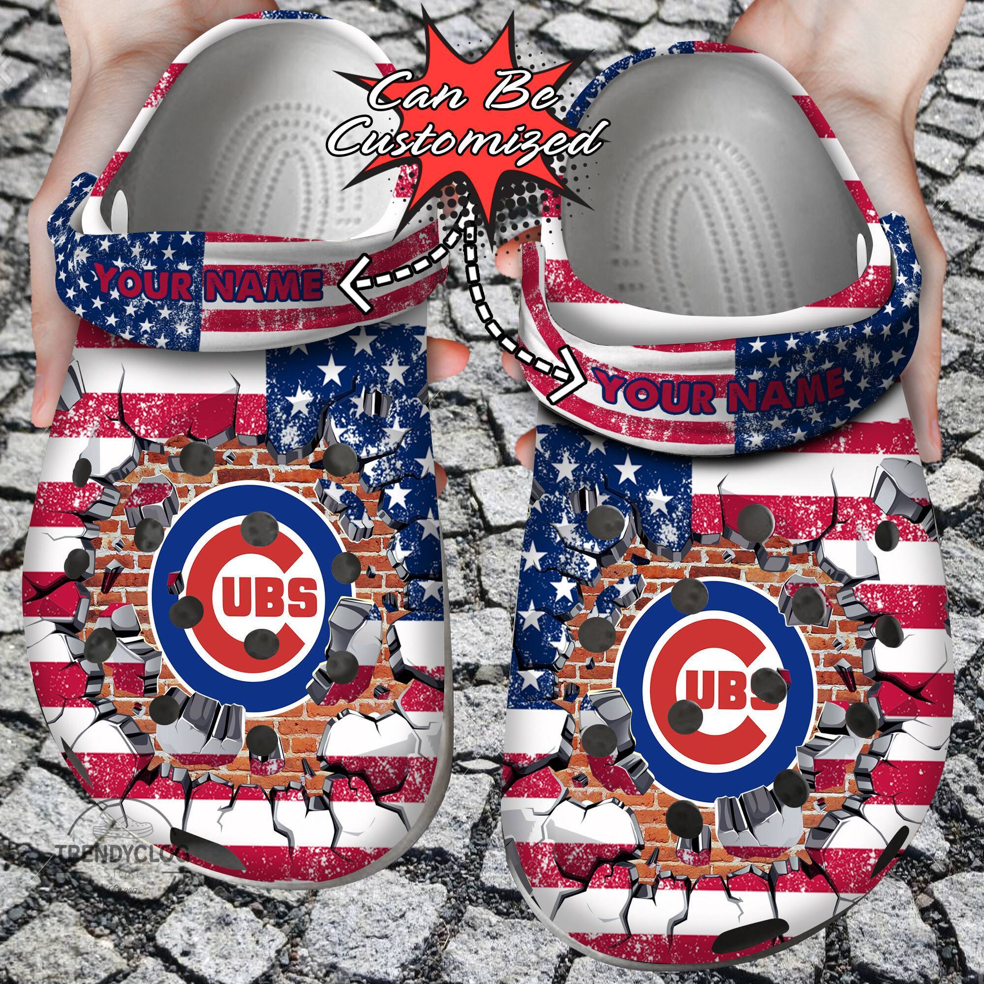 Baseball Crocss Personalized CCubs American Flag Breaking Wall Clog Shoes