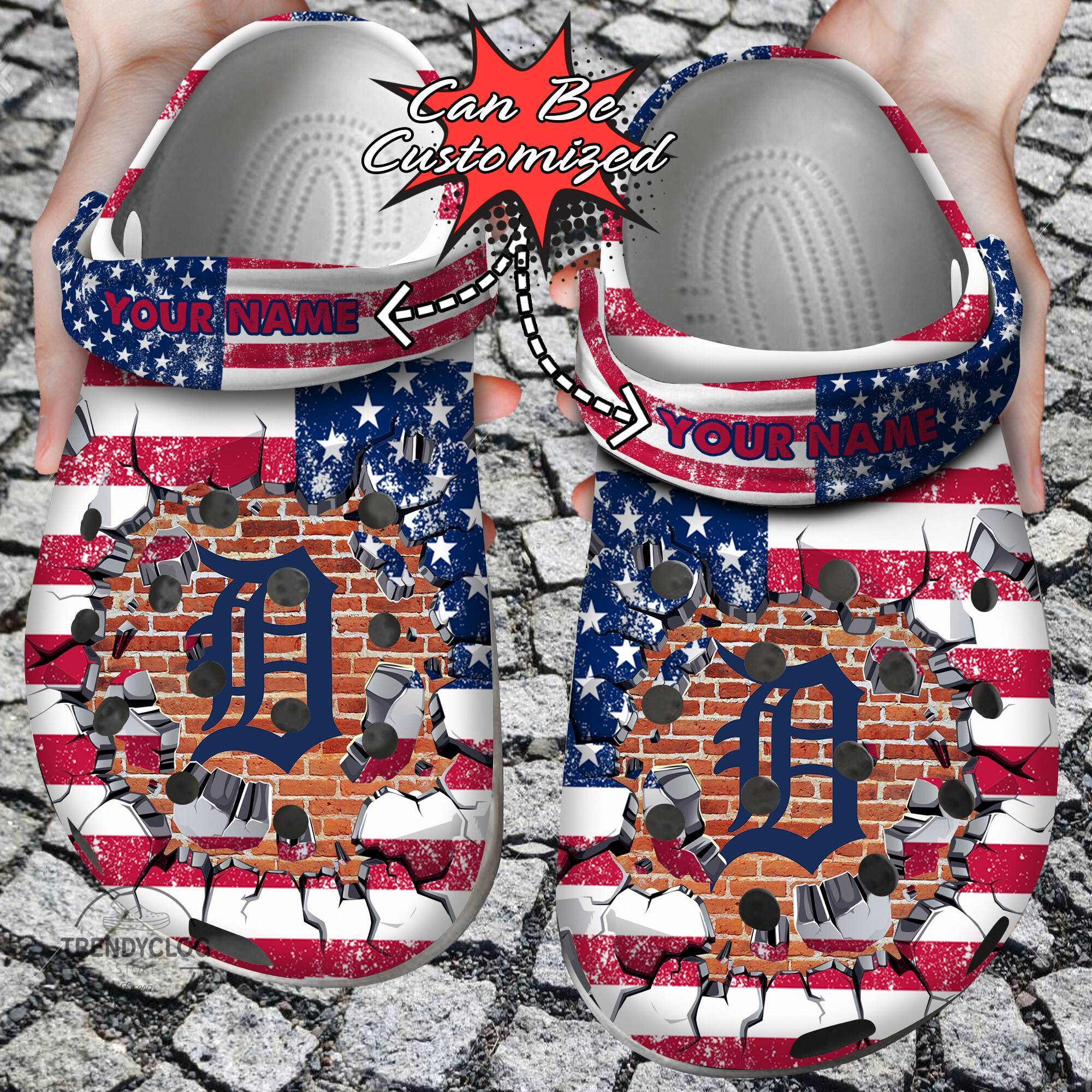 Baseball Crocss Personalized DTigers American Flag Breaking Wall Clog Shoes