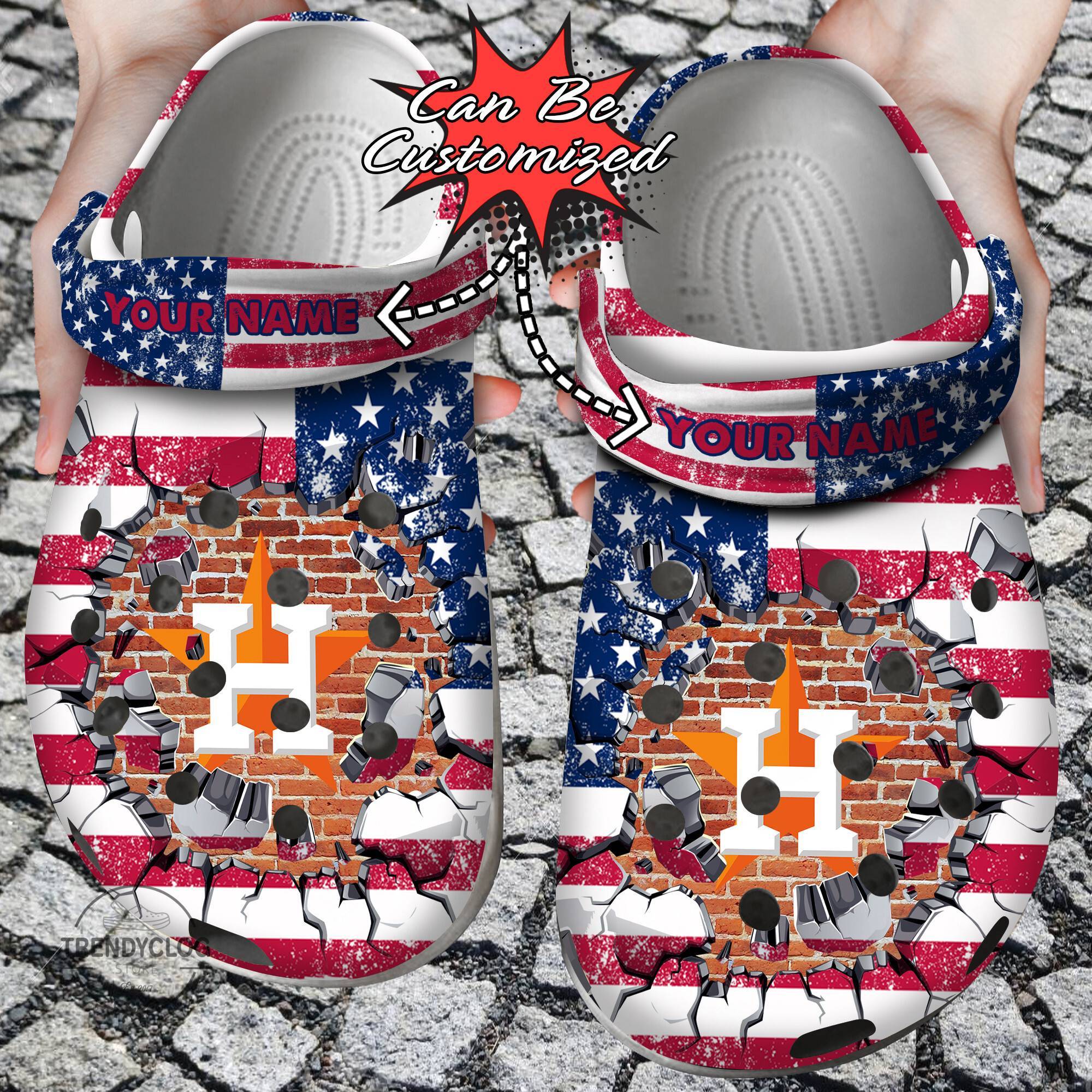 Baseball Crocss Personalized HAstros American Flag Breaking Wall Clog Shoes