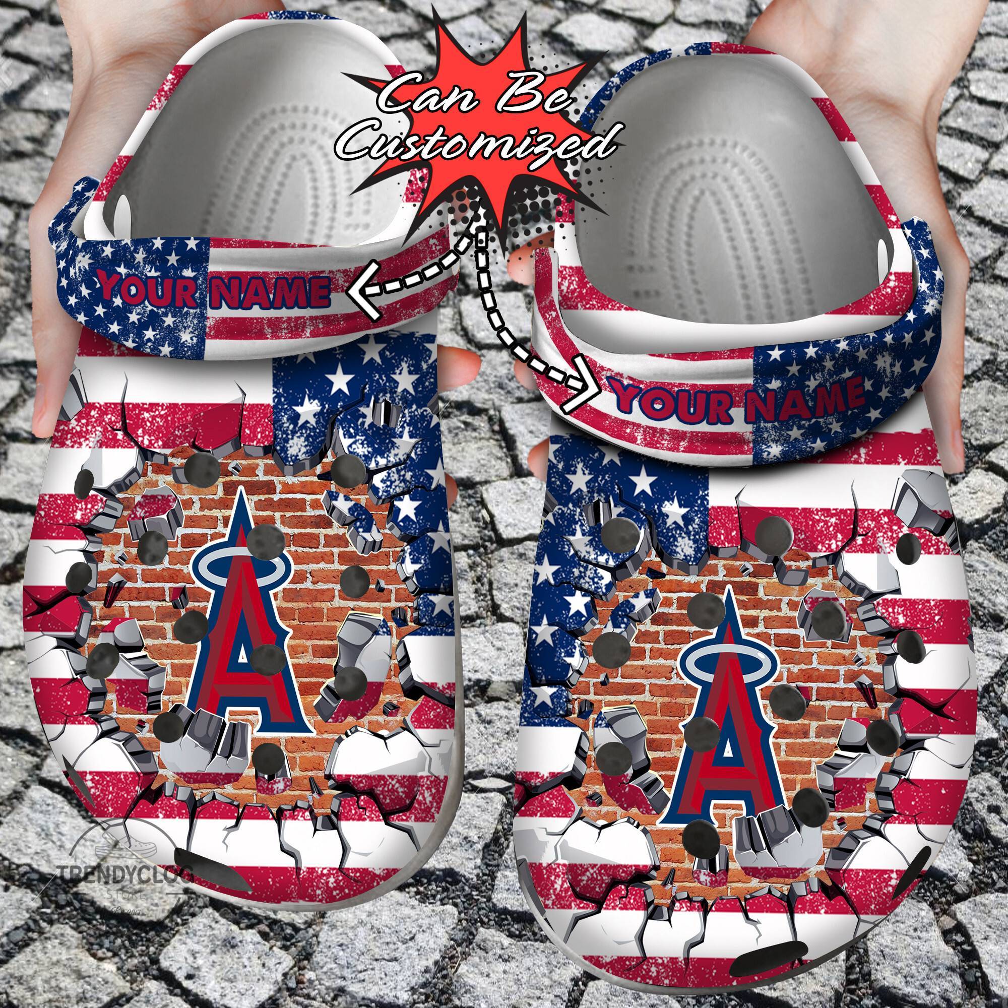 Baseball Crocss Personalized LA Angles American Flag Breaking Wall Clog Shoes