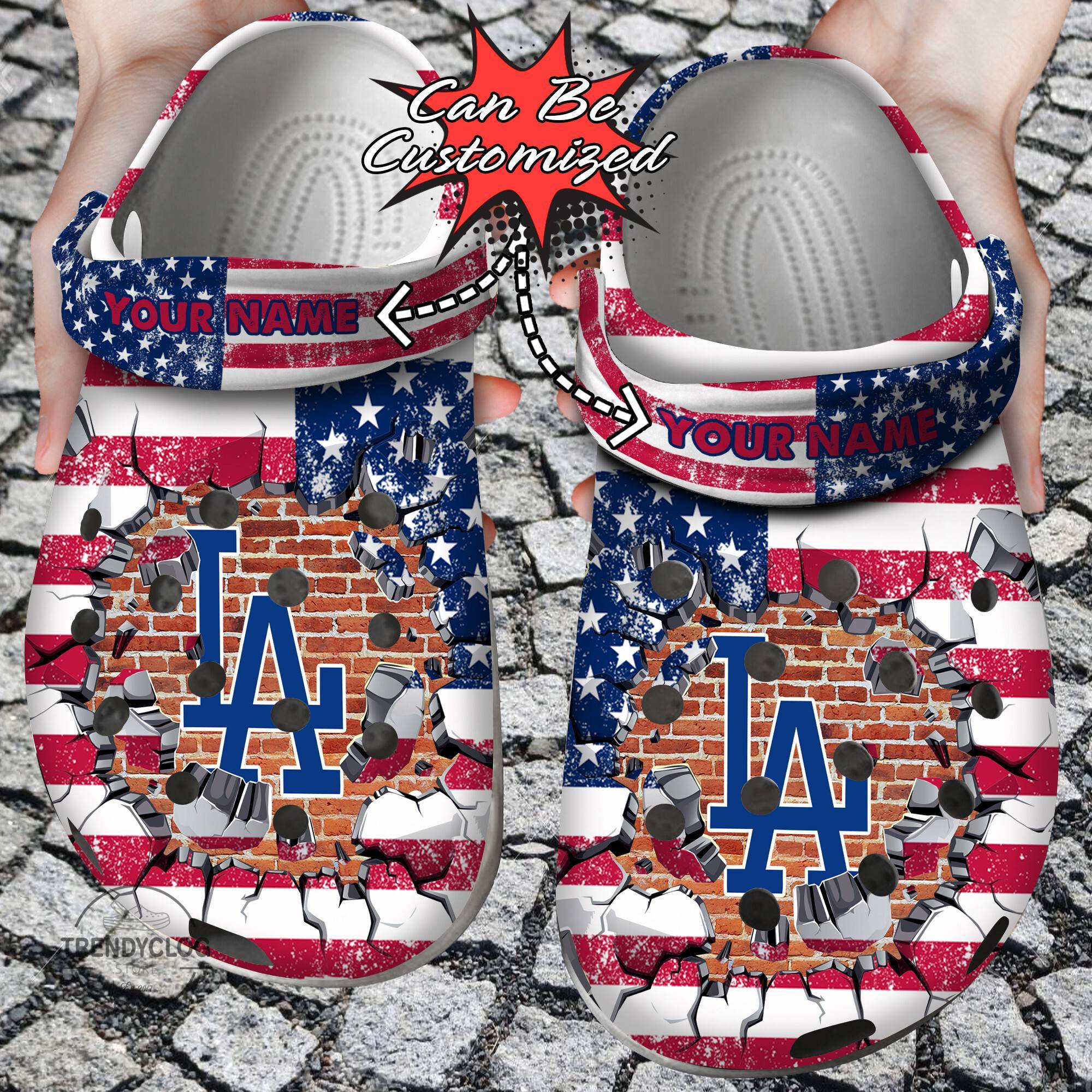 Baseball Crocss Personalized LA Dodgers American Flag Breaking Wall Clog Shoes