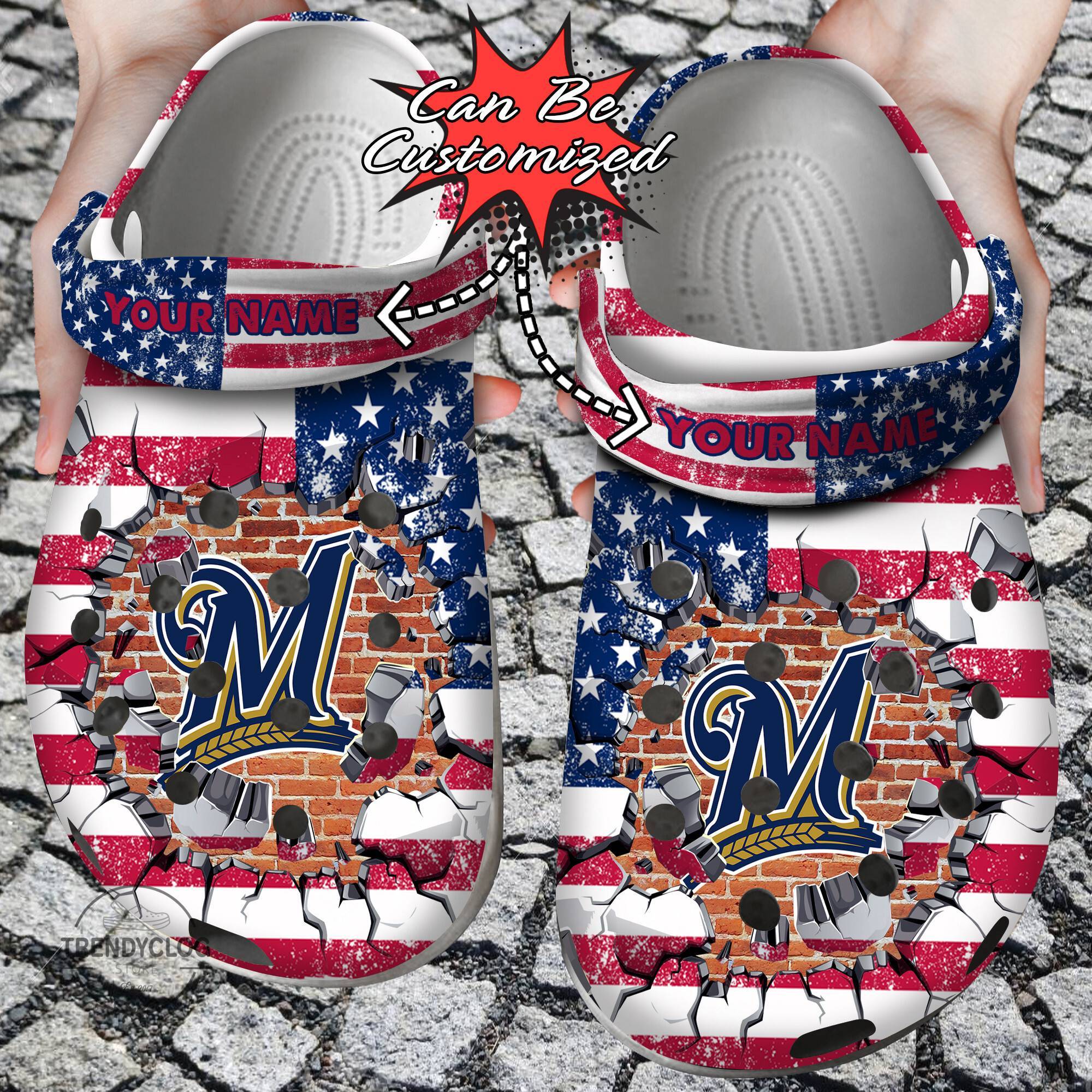 Baseball Crocss Personalized MBrewers American Flag Breaking Wall Clog Shoes