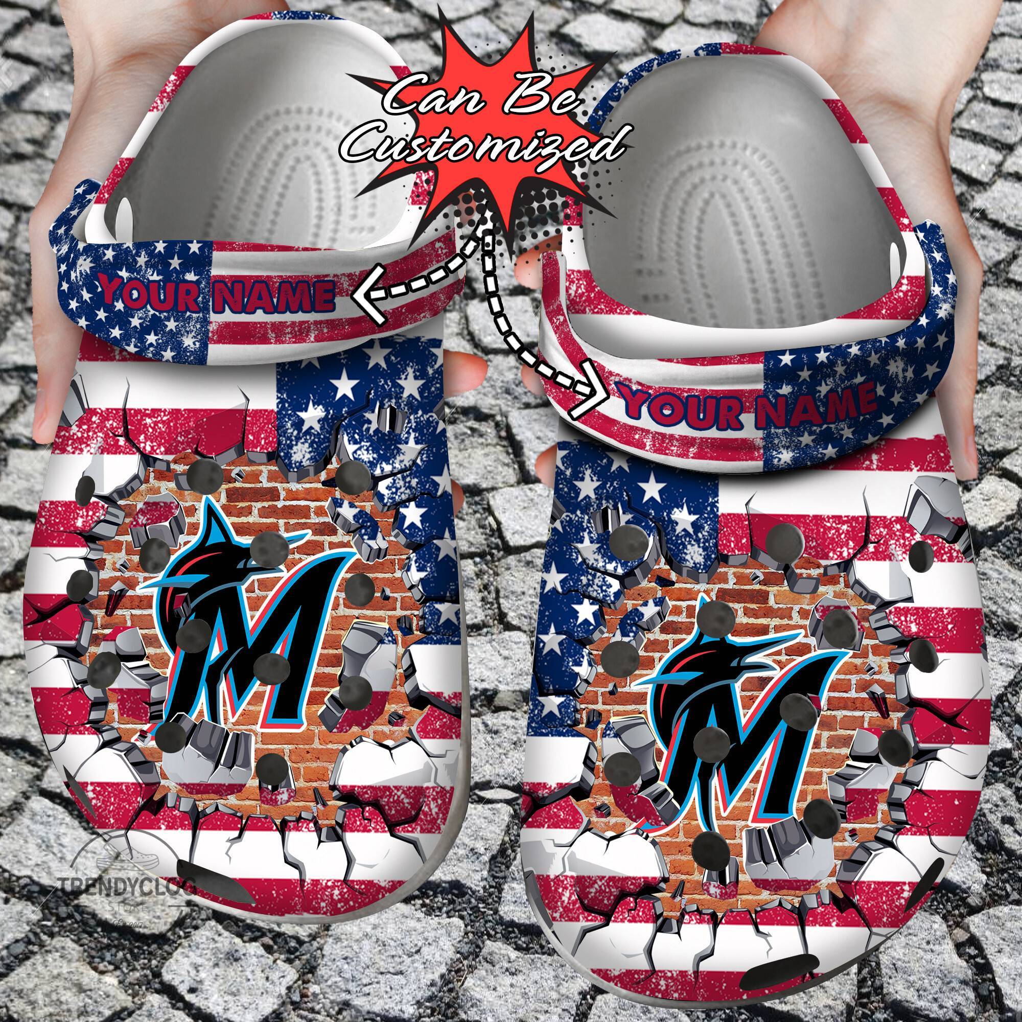 Baseball Crocss Personalized MMarlins American Flag Breaking Wall Clog Shoes