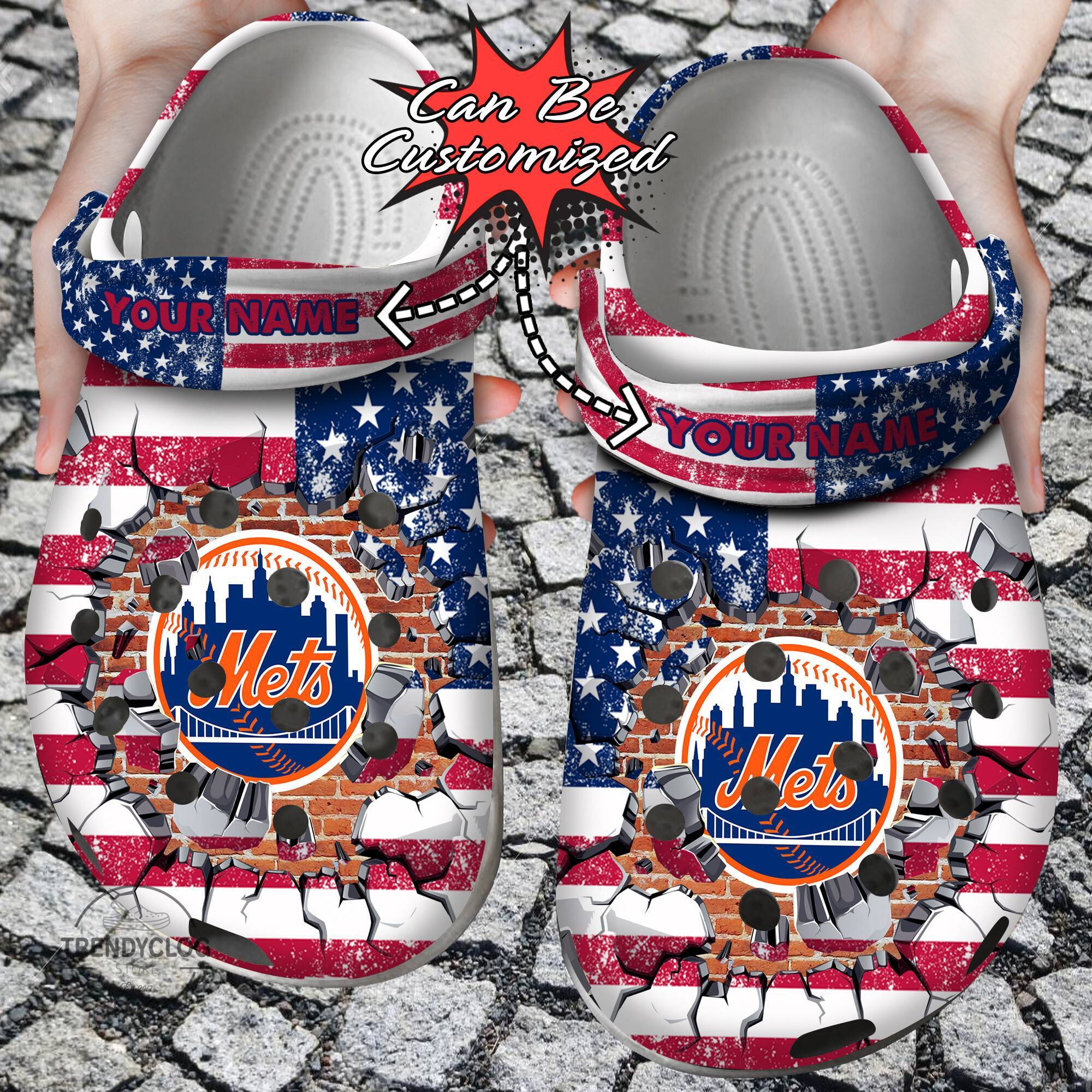 Baseball Crocss Personalized NY Mets American Flag Breaking Wall Clog Shoes