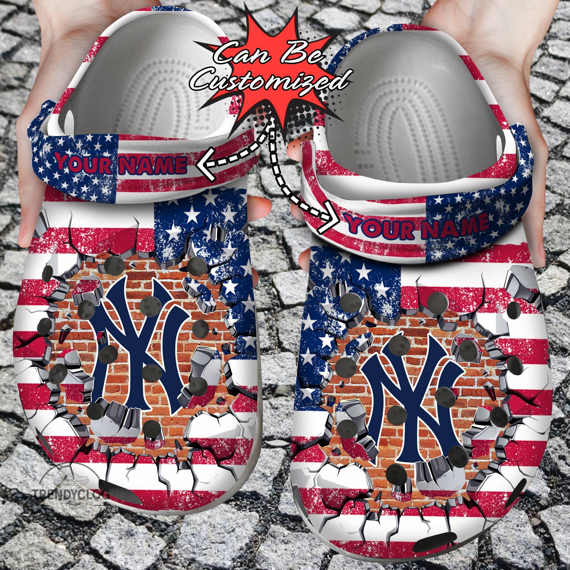 Baseball Crocss Personalized NY Yankees American Flag Breaking Wall Clog Shoes