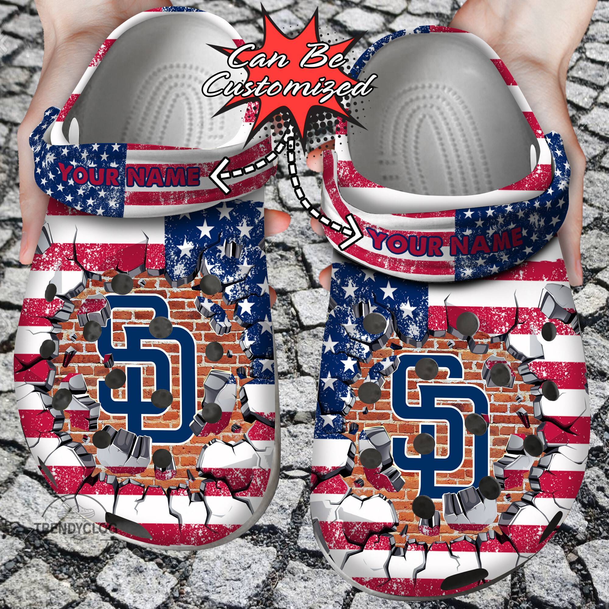 Baseball Crocss Personalized SD Padres American Flag Breaking Wall Clog Shoes