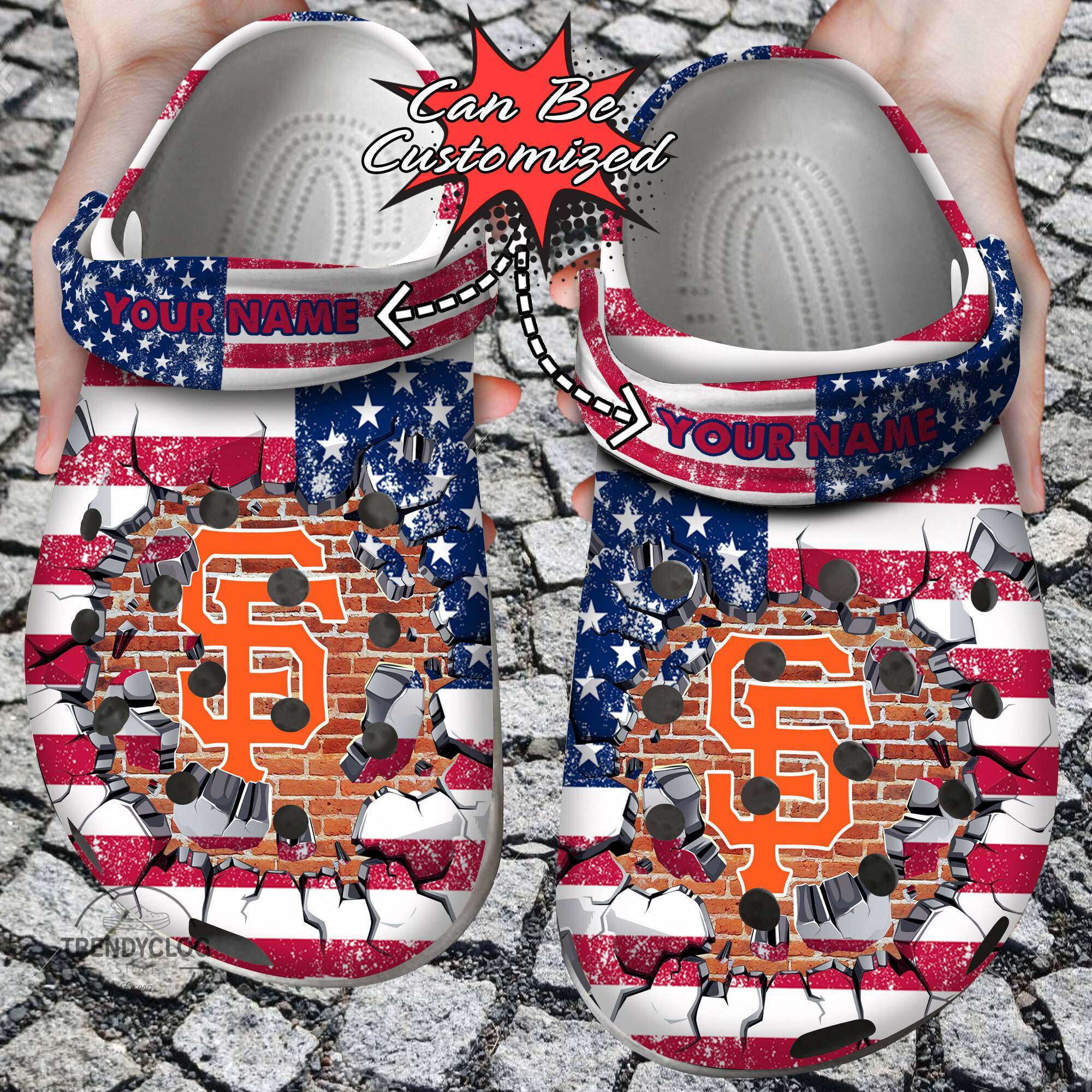 Baseball Crocss Personalized SF Giants American Flag Breaking Wall Clog Shoes