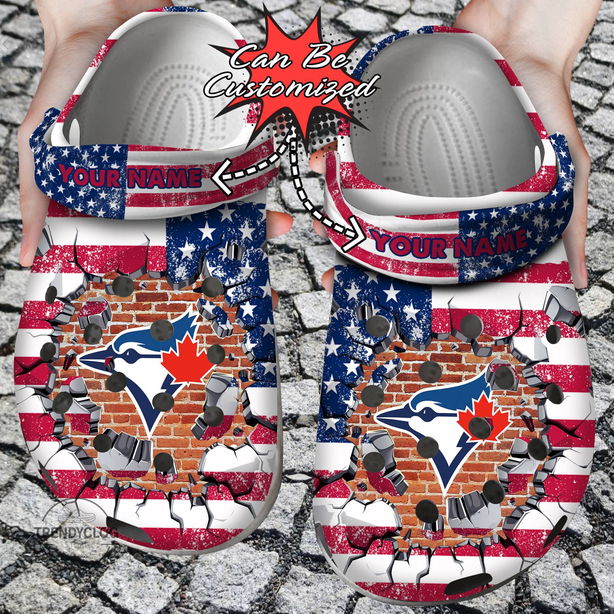 Baseball Crocss Personalized TBlue Jays American Flag Breaking Wall Clog Shoes