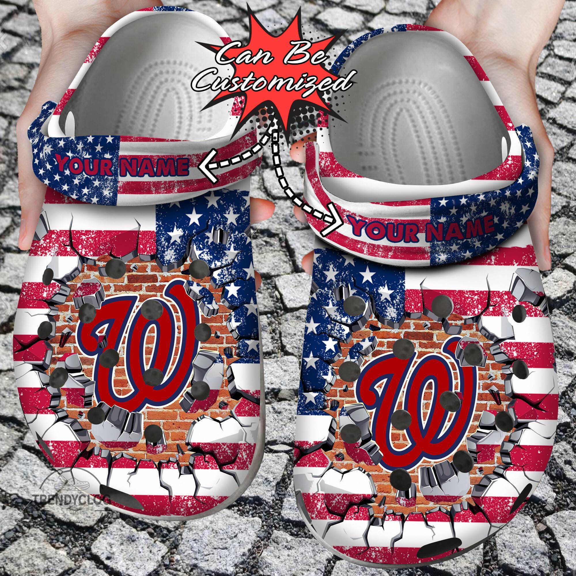 Baseball Crocss Personalized WNationals American Flag Breaking Wall Clog Shoes