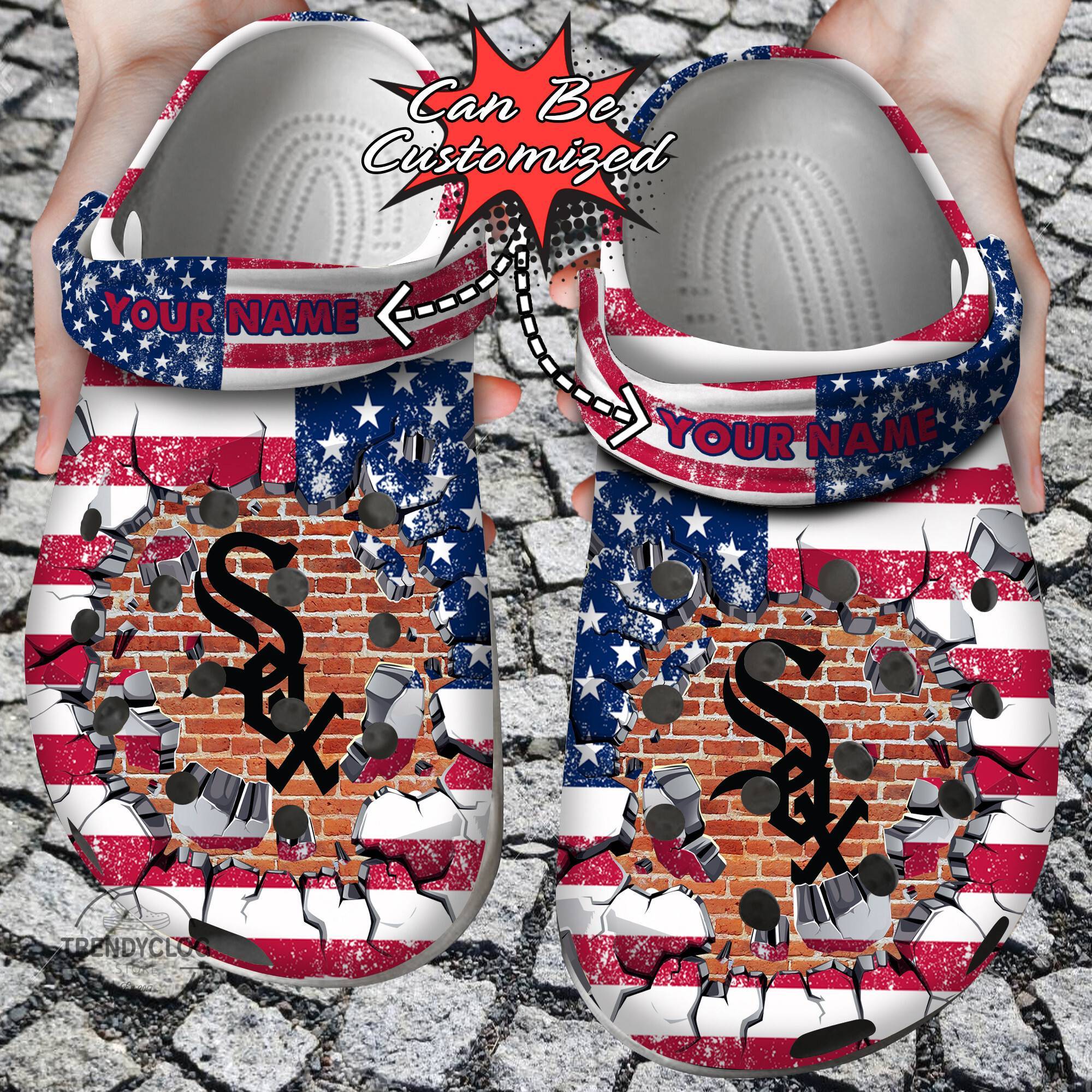 Baseball Personalized CWhite Sox American Flag Breaking Wall Clog Crocss Shoes