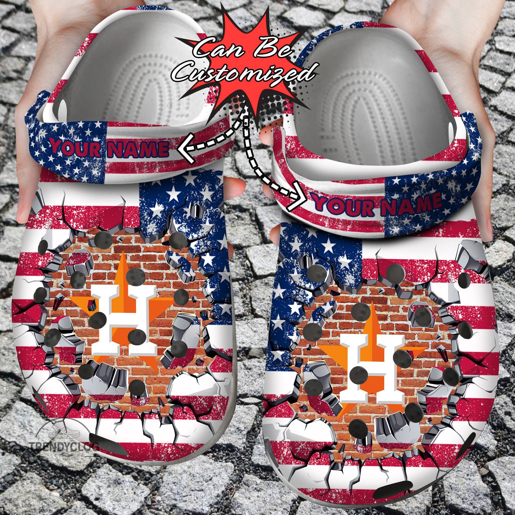 Baseball Personalized HAstros American Flag Breaking Wall Clog Crocss Shoes