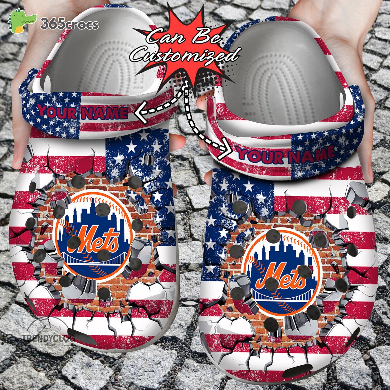 Baseball Personalized New York Mets American Flag Breaking Wall Clog Shoes