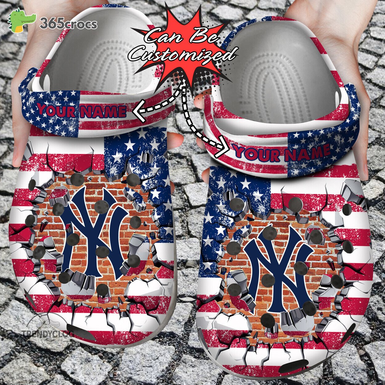 Baseball Personalized New York Yankees American Flag Breaking Wall Clog Shoes