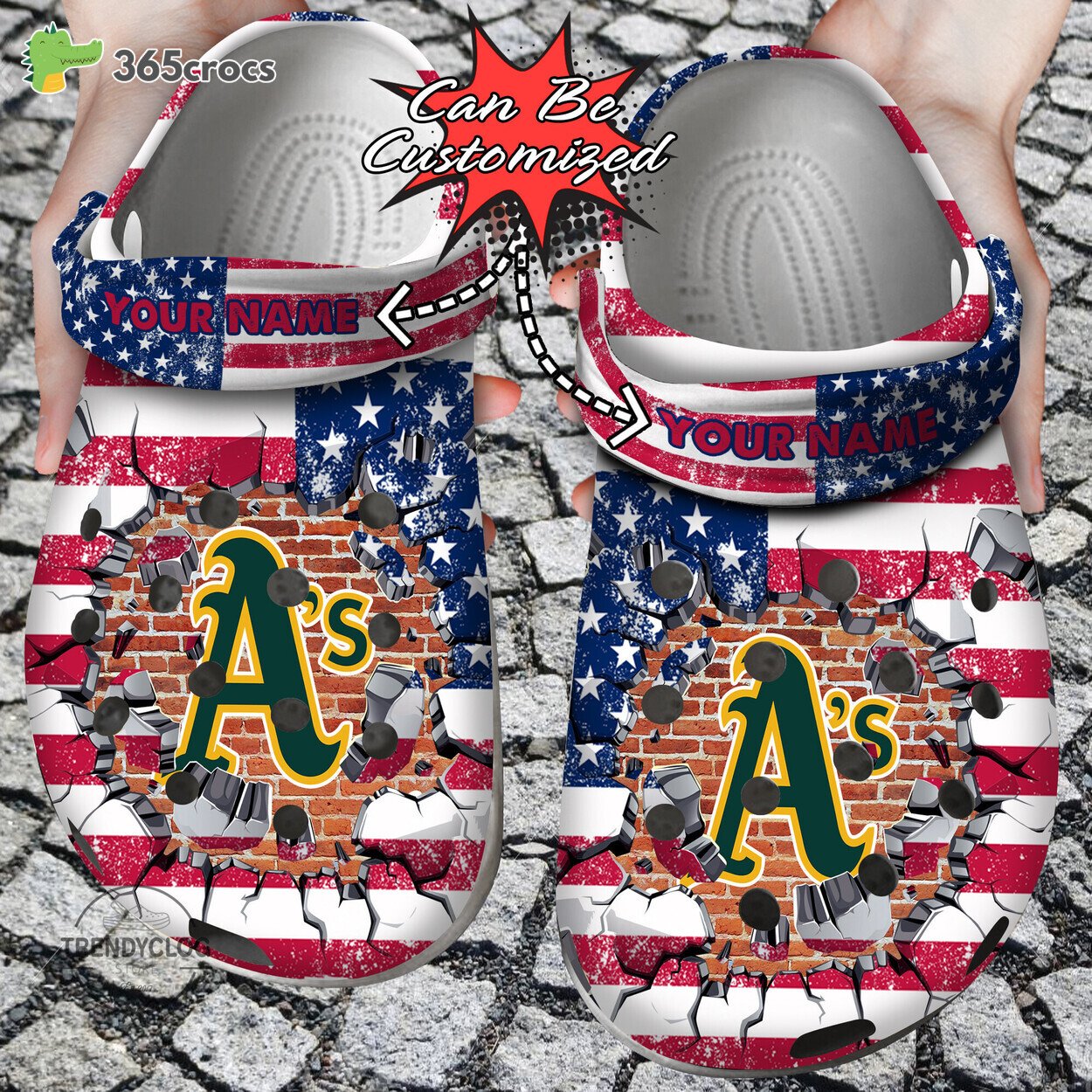 Baseball Personalized Oakland Athletics American Flag Breaking Wall Clog Shoes