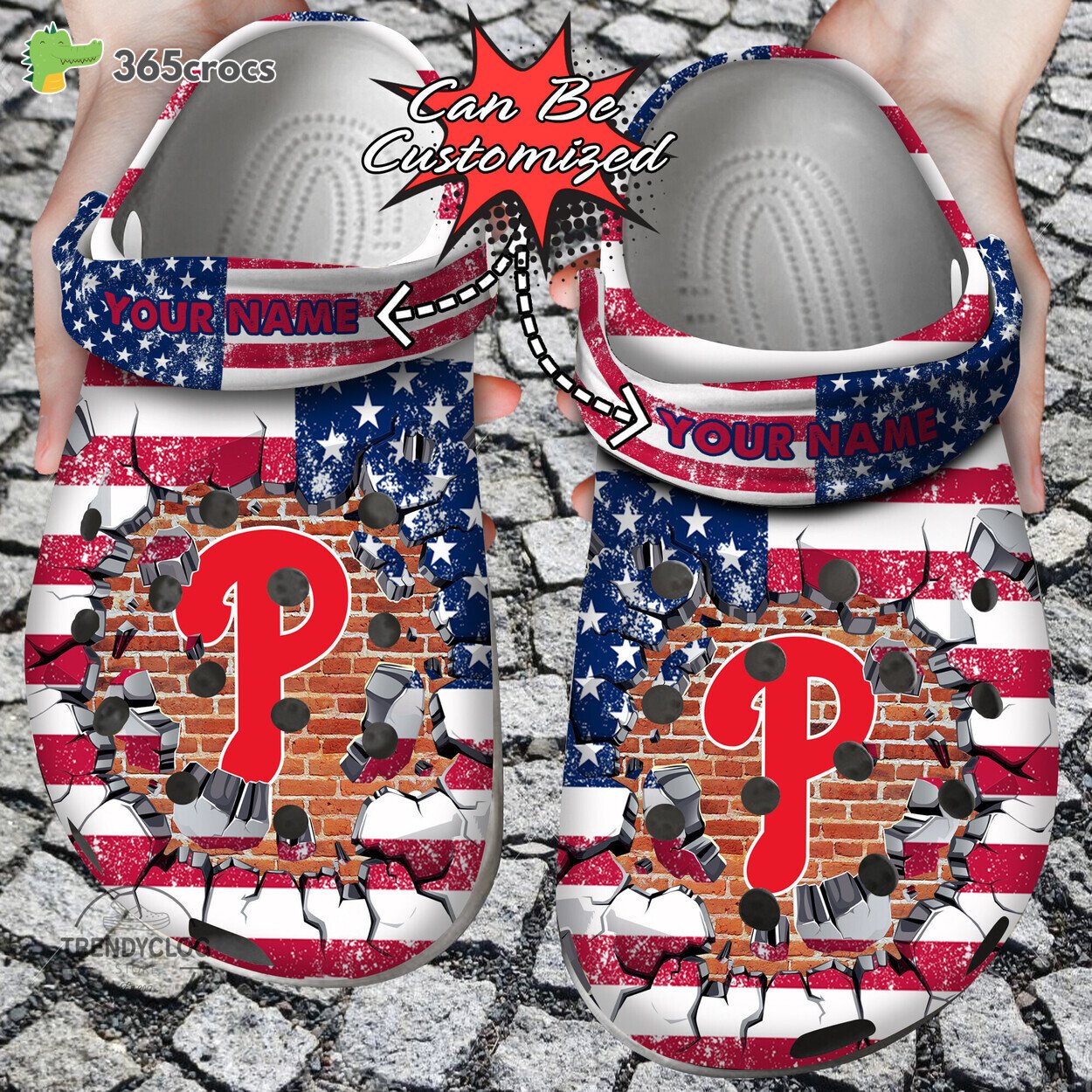 Baseball Personalized Philadelphia Phillies American Flag Breaking Wall Clog Shoes