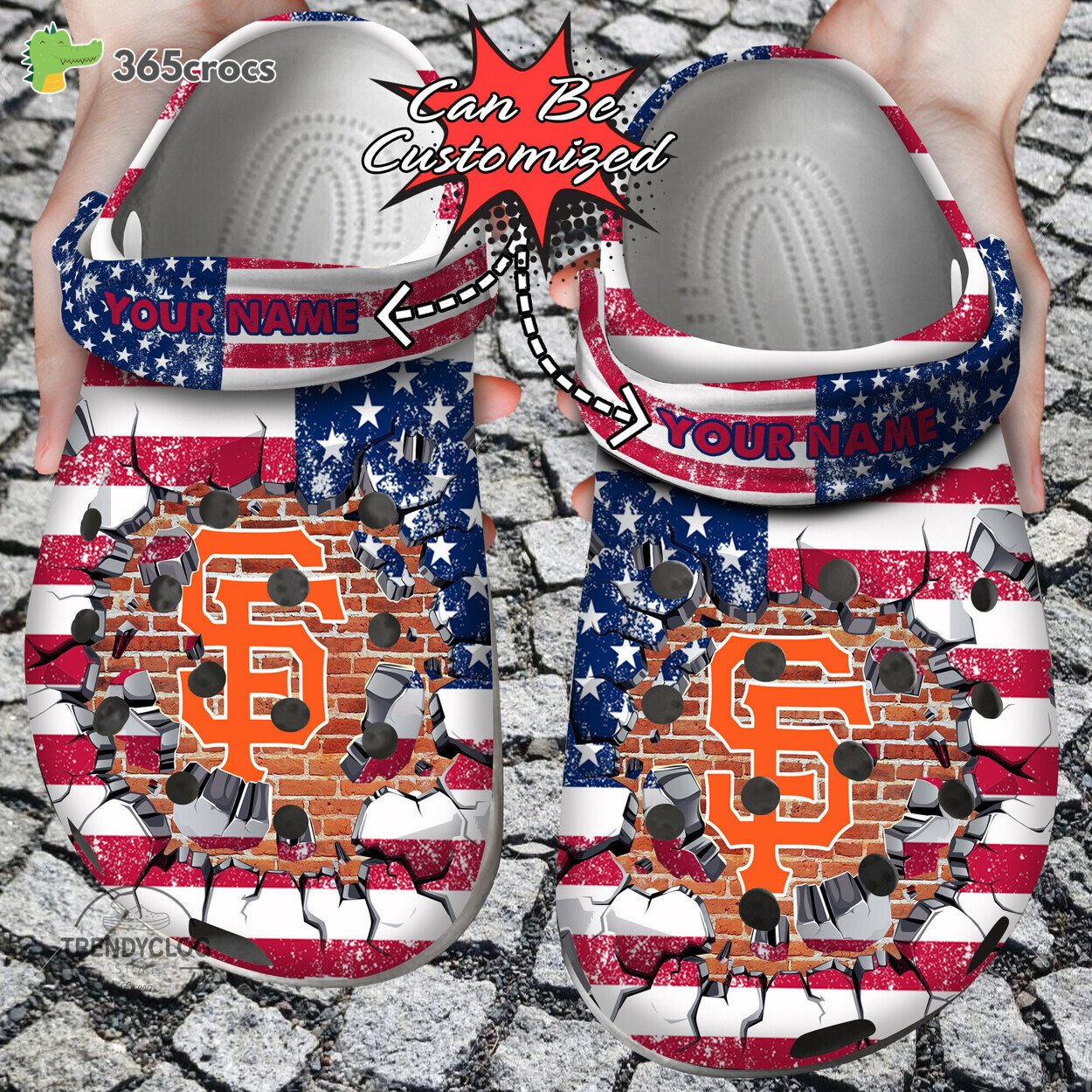 Baseball Personalized San Francisco Giants American Flag Breaking Wall Clog Shoes