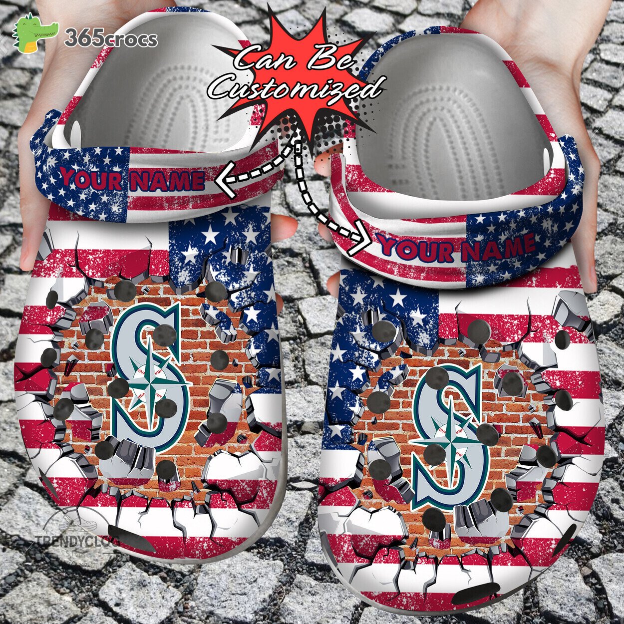 Baseball Personalized Seattle Mariners American Flag Breaking Wall Clog Shoes
