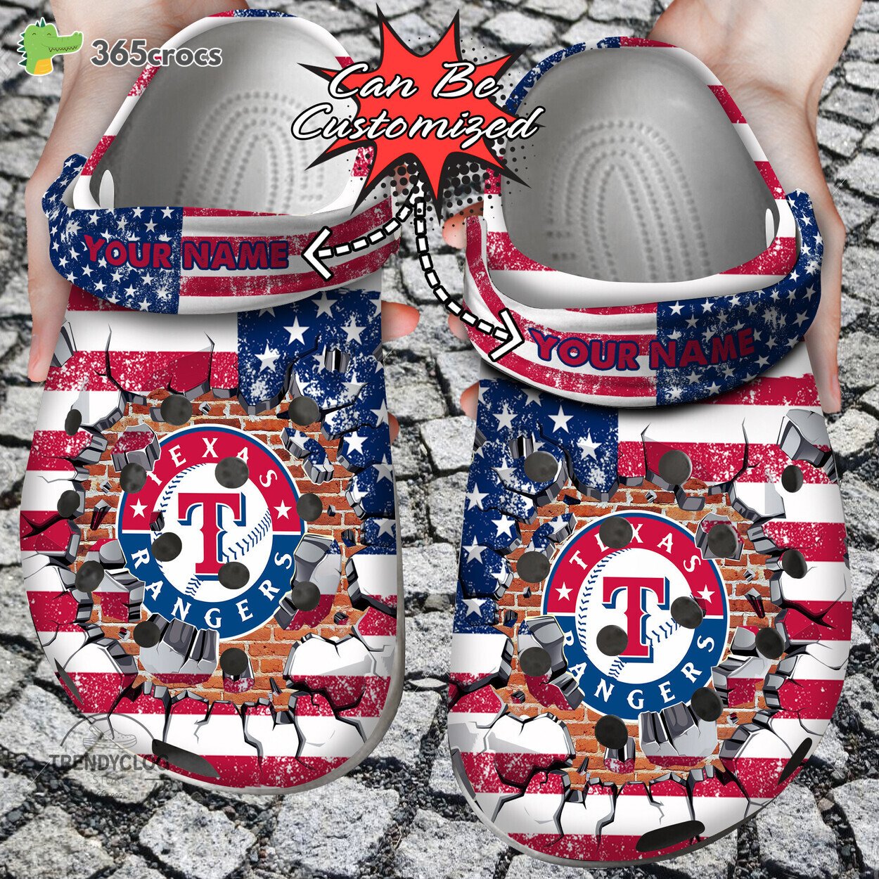 Baseball Personalized Texas Rangers American Flag Breaking Wall Clog Shoes