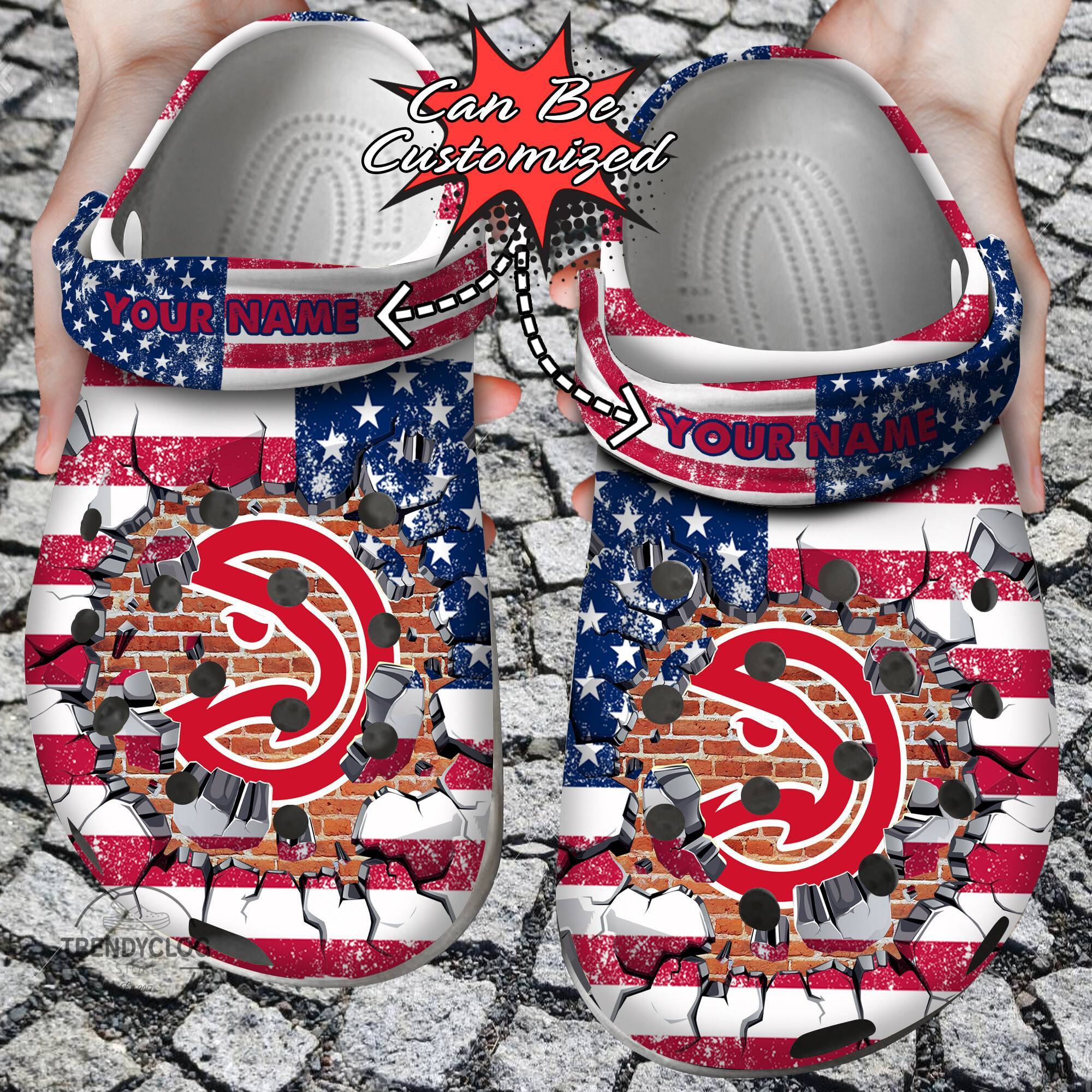 Basketball Crocss Personalized AHawks American Flag Breaking Wall Clog Shoes