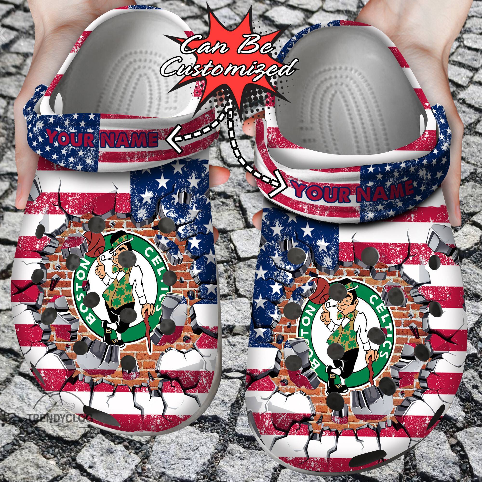 Basketball Crocss Personalized BCeltics American Flag Breaking Wall Clog Shoes