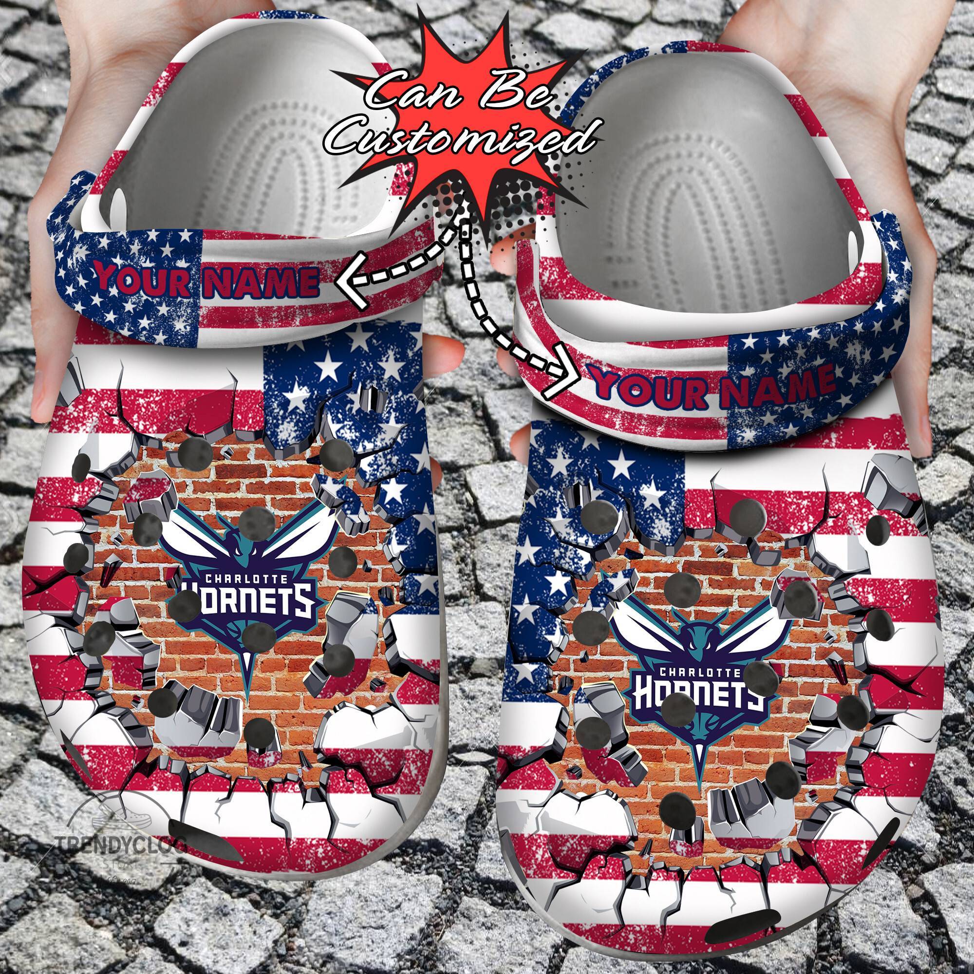 Basketball Crocss Personalized CHornets American Flag Breaking Wall Clog Shoes