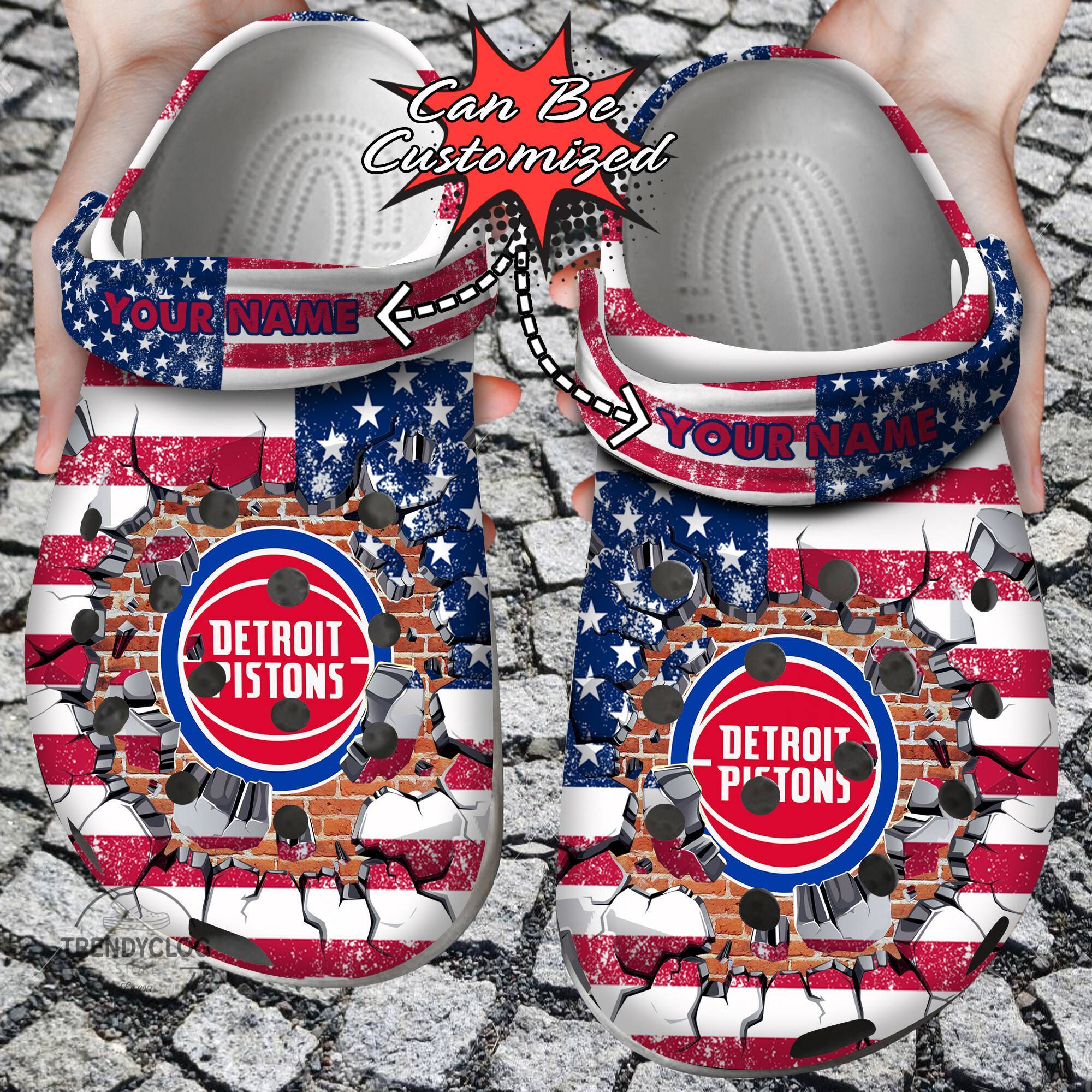 Basketball Crocss Personalized DPistons American Flag Breaking Wall Clog Shoes