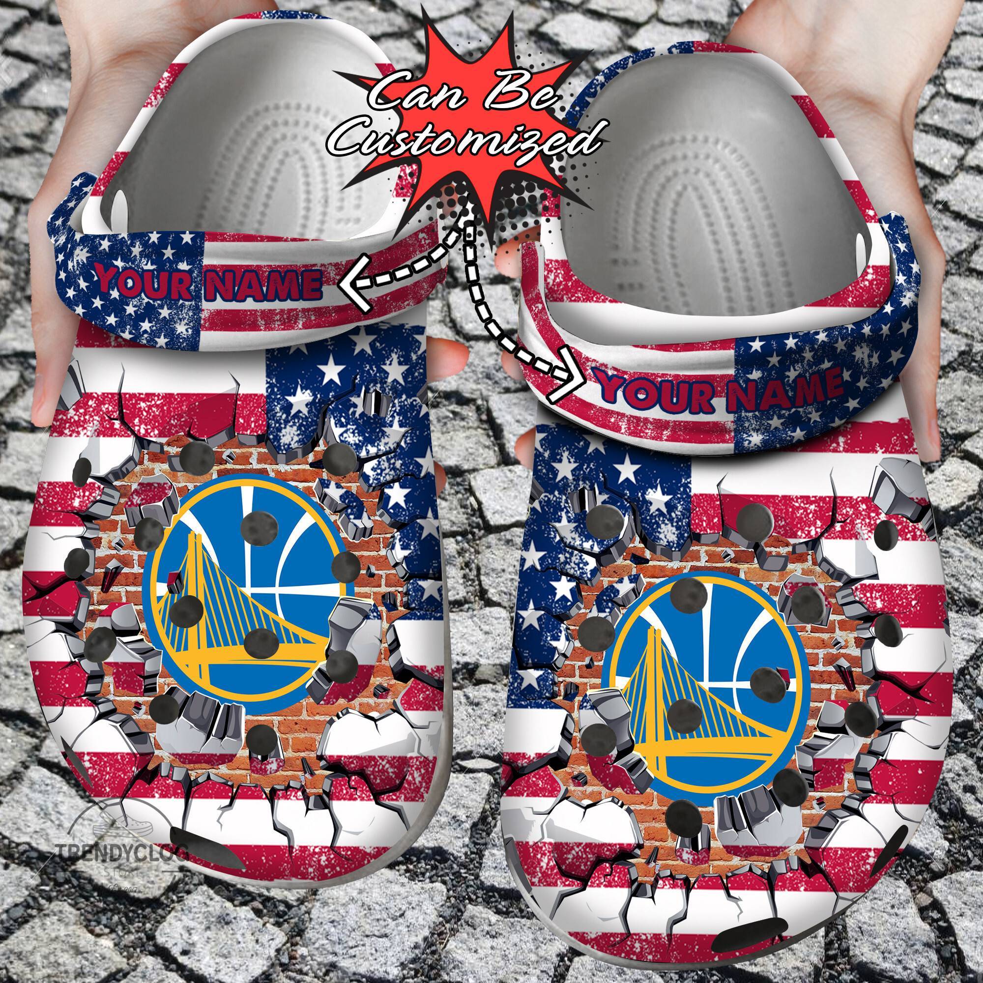 Basketball Crocss Personalized GWarriors American Flag Breaking Wall Clog Shoes