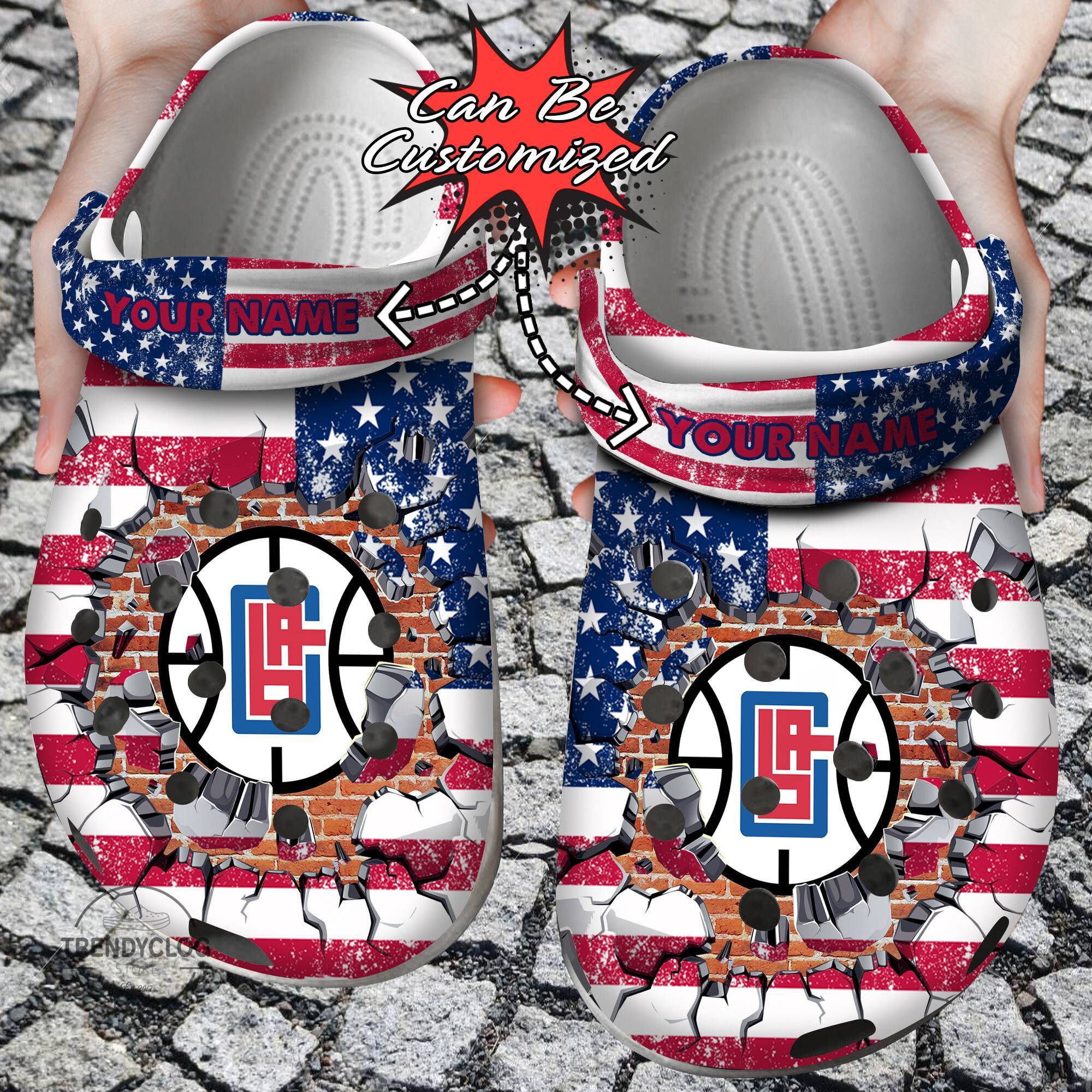 Basketball Crocss Personalized LA Clippers American Flag Breaking Wall Clog Shoes