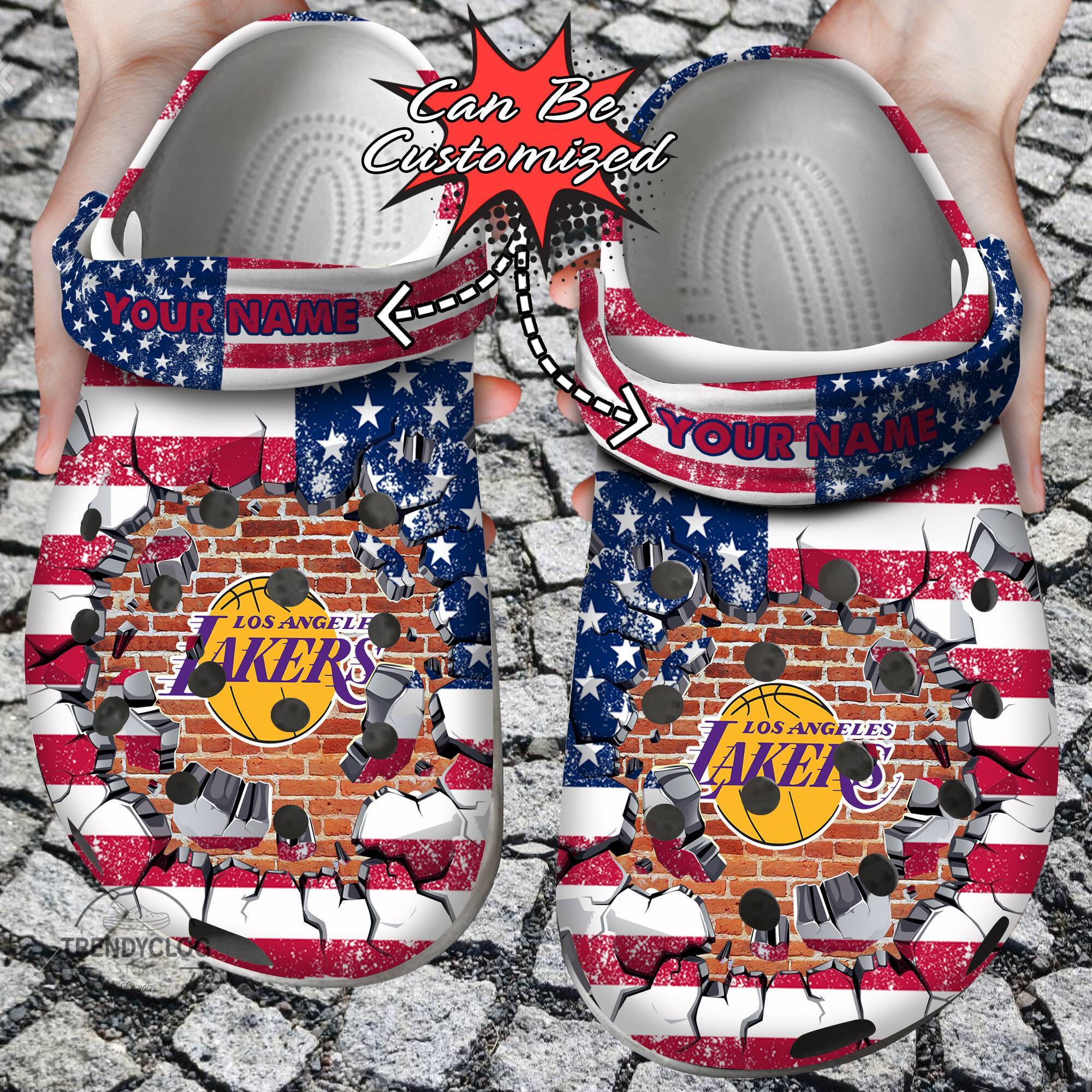 Basketball Crocss Personalized Los Angeles Lakers American Flag Breaking Wall Clog Shoes