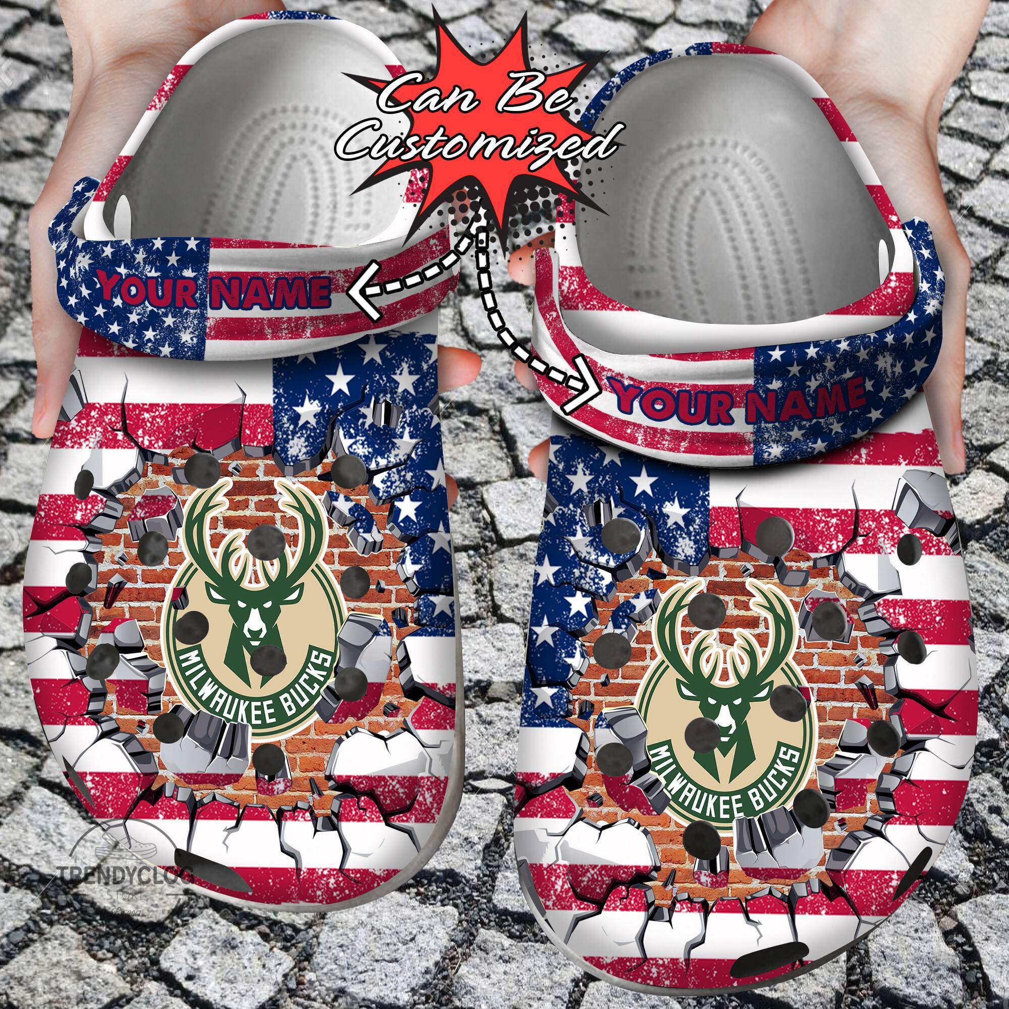 Basketball Crocss Personalized MBucks American Flag Breaking Wall Clog Shoes