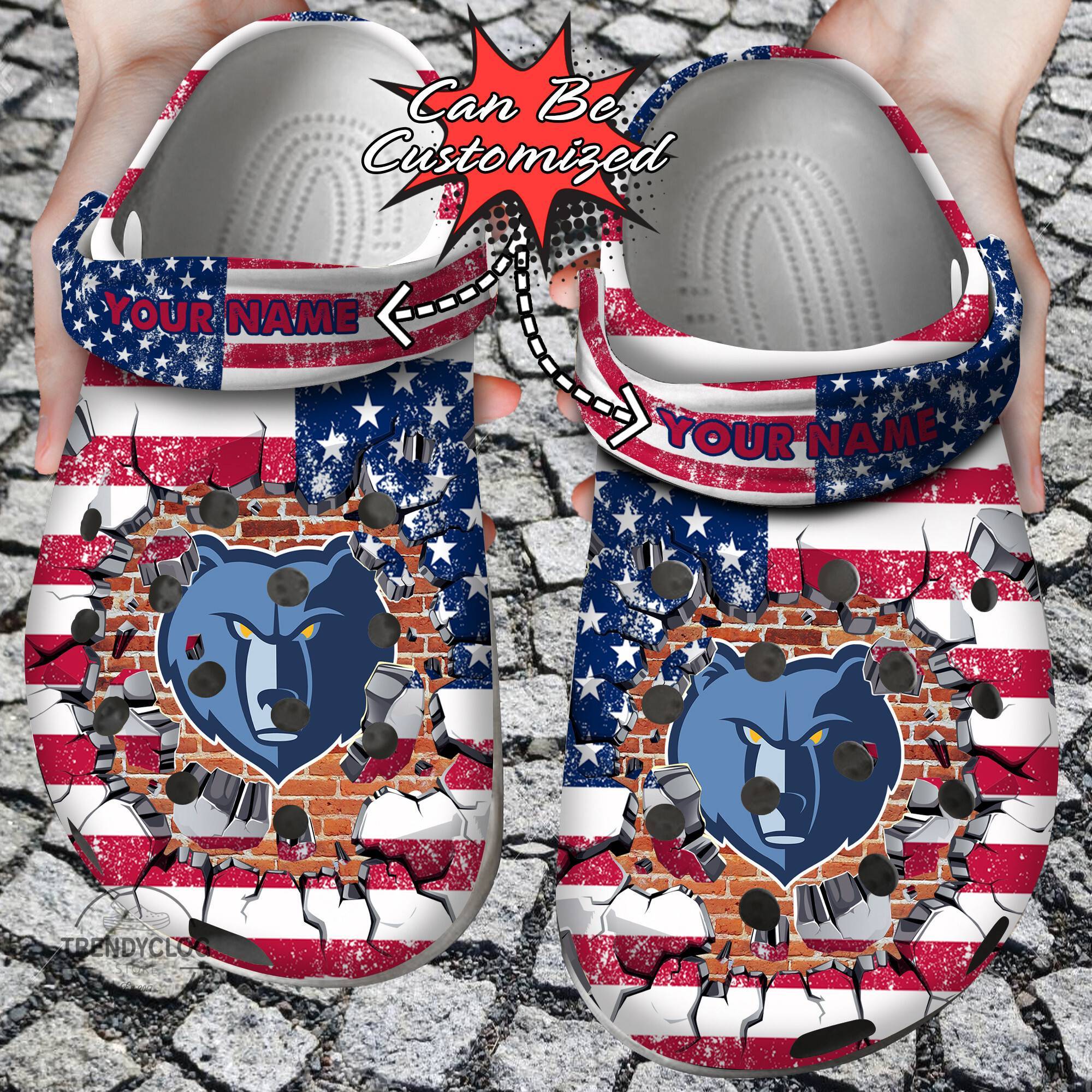 Basketball Crocss Personalized MGrizzlies American Flag Breaking Wall Clog Shoes