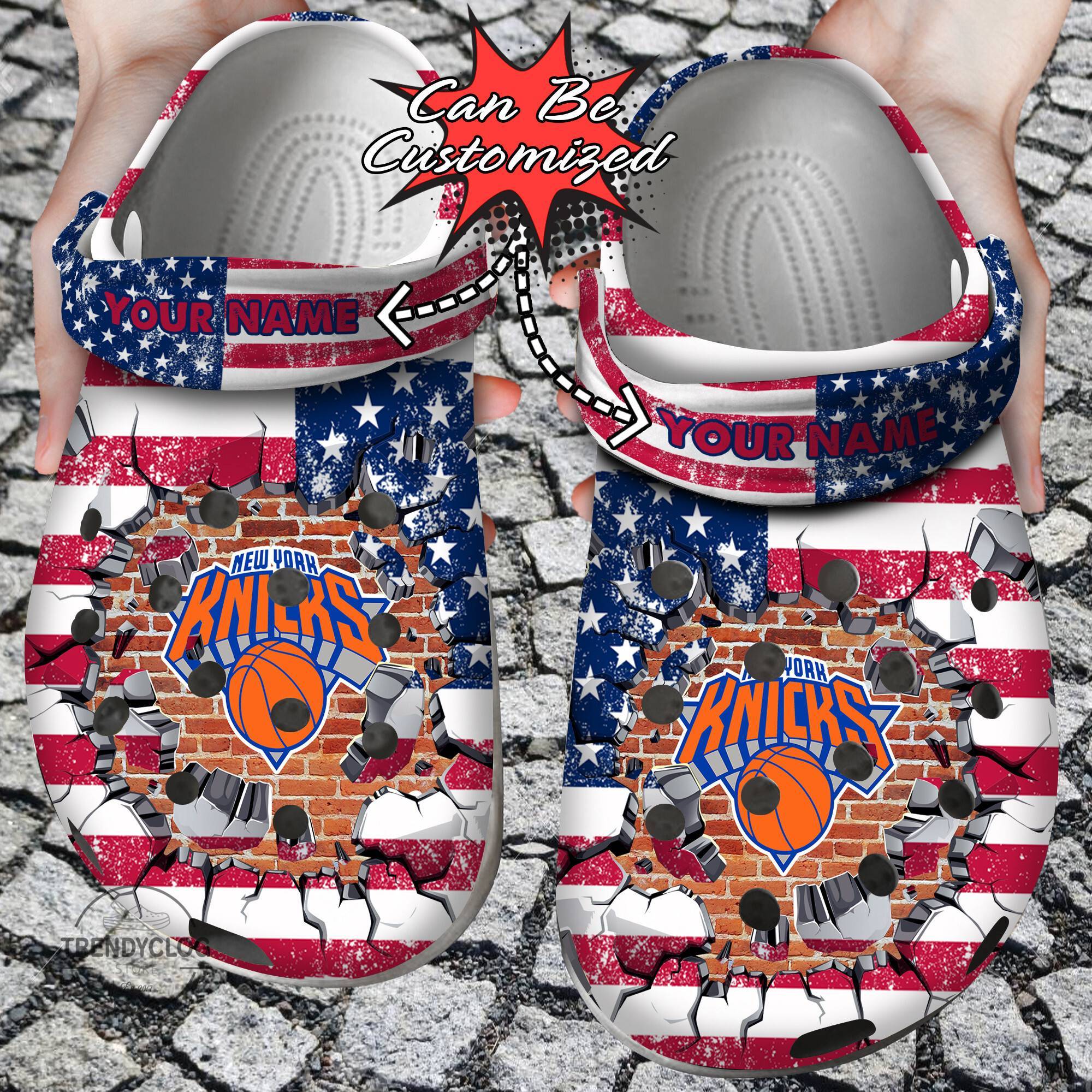 Basketball Crocss Personalized NY Knicks American Flag Breaking Wall Clog Shoes