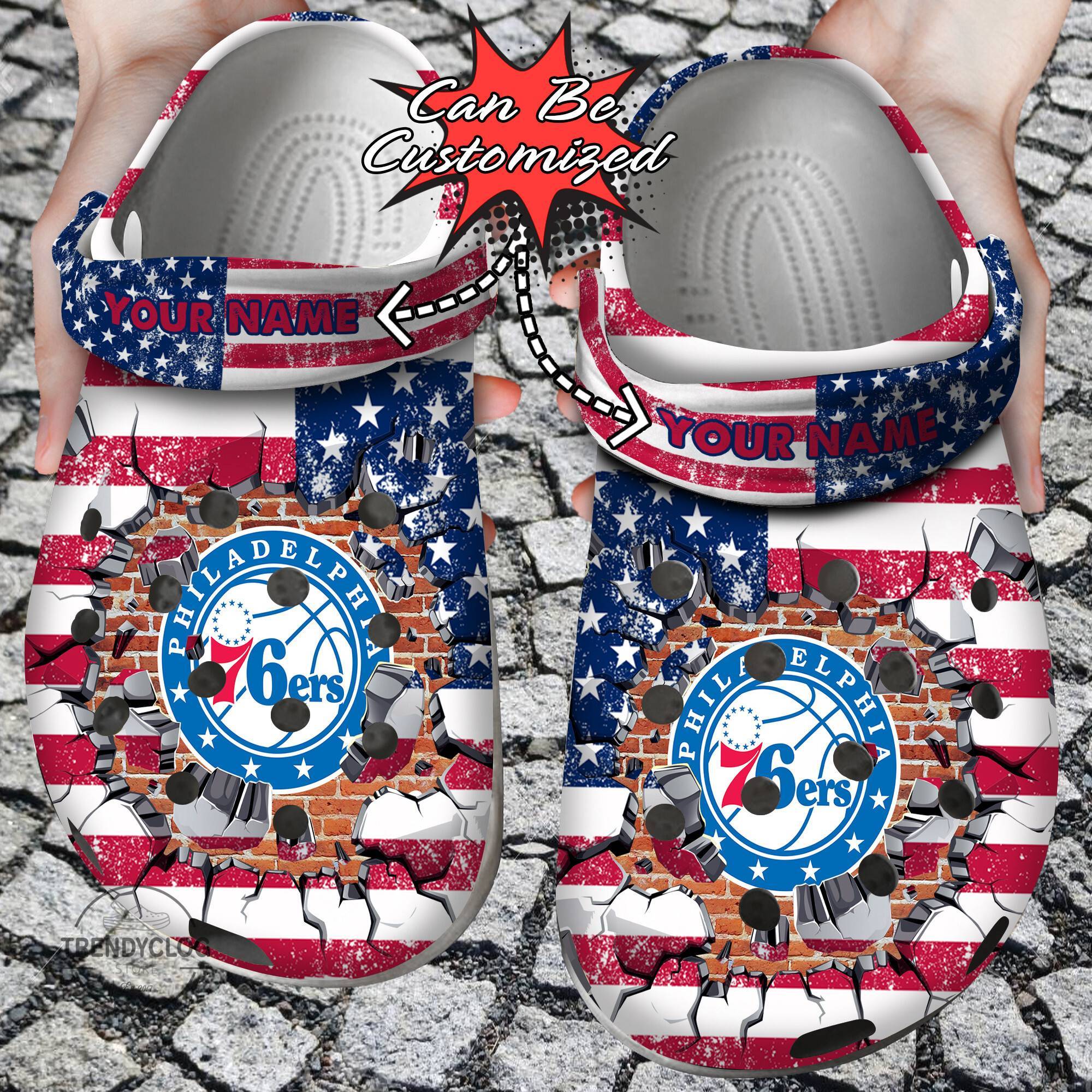 Basketball Crocss Personalized P76ers American Flag Breaking Wall Clog Shoes